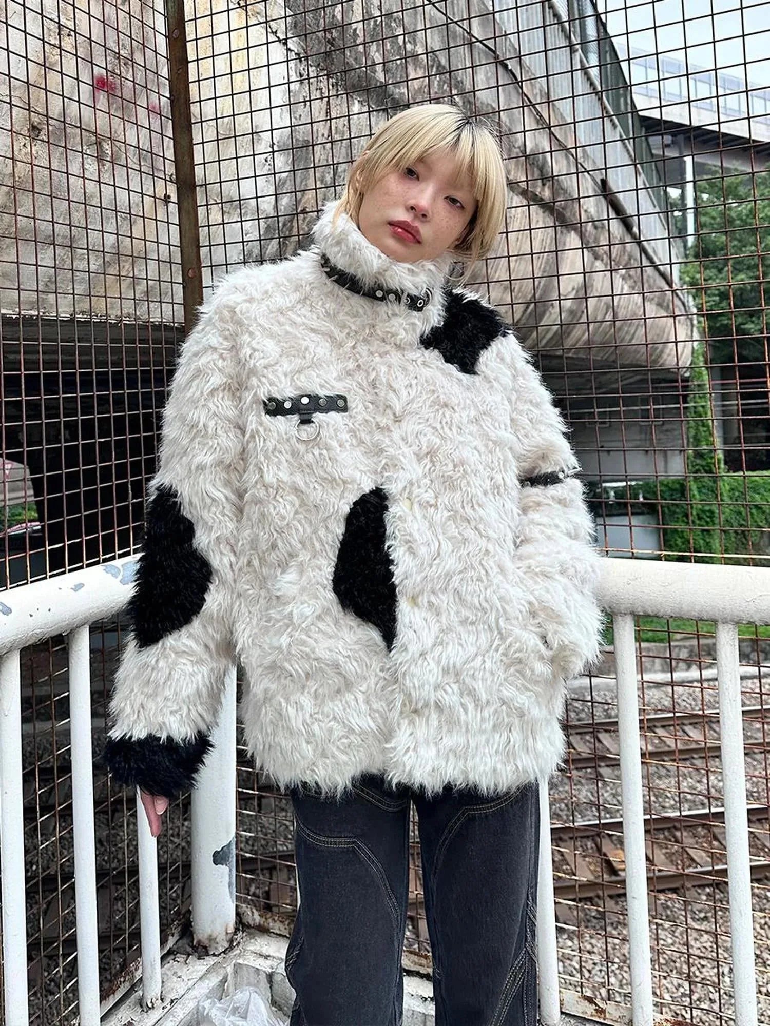 Rebel Rabbit Black White Patchwork Wool Coat