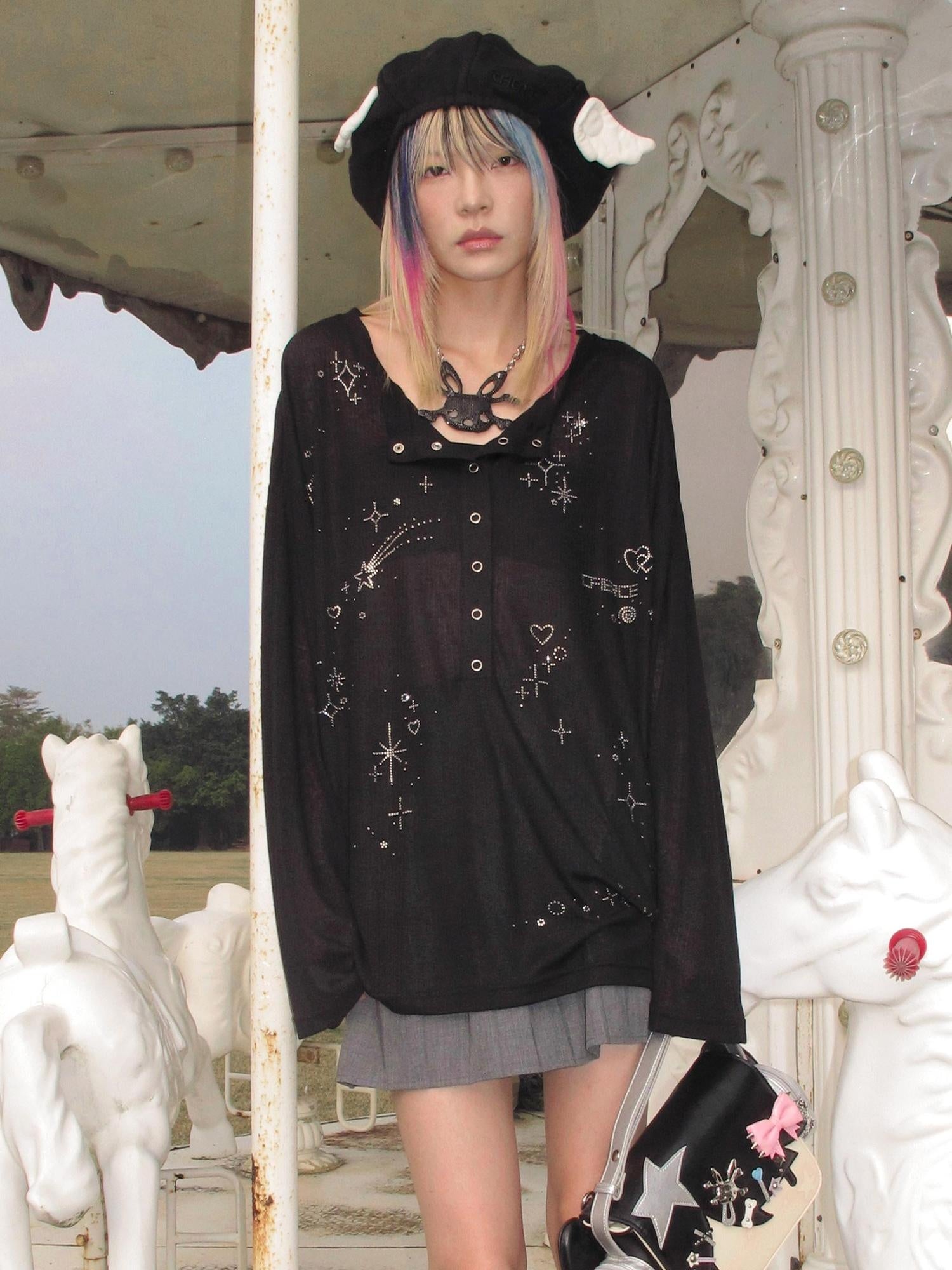 CFIERCE Rhinestone Embellished Casual Oversized Drop Shoulder Unisex Black T-Shirt