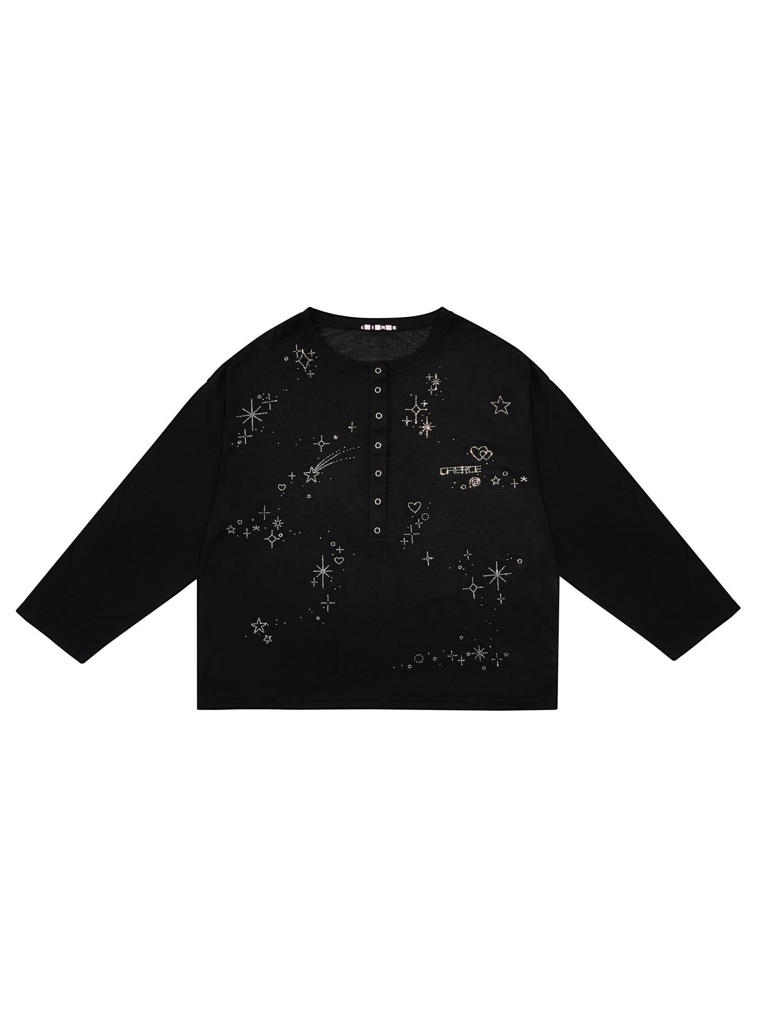 CFIERCE Rhinestone Embellished Casual Oversized Drop Shoulder Unisex Black T-Shirt