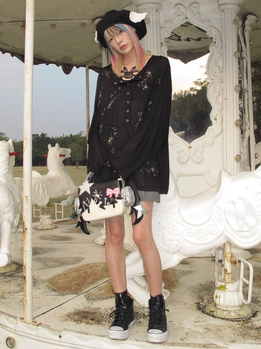 CFIERCE Rhinestone Embellished Casual Oversized Drop Shoulder Unisex Black T-Shirt