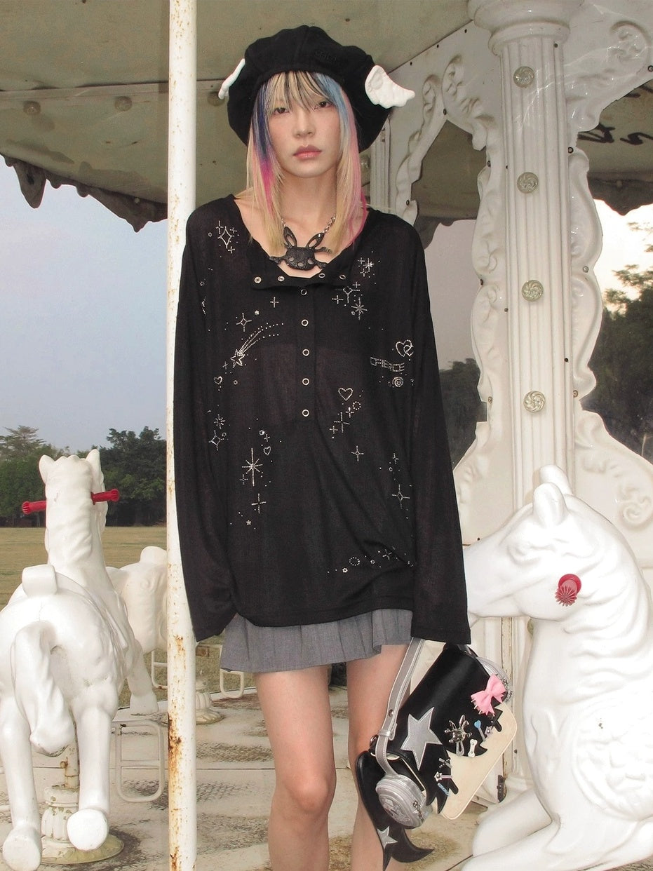 CFIERCE Rhinestone Embellished Casual Oversized Drop Shoulder Unisex Black T-Shirt