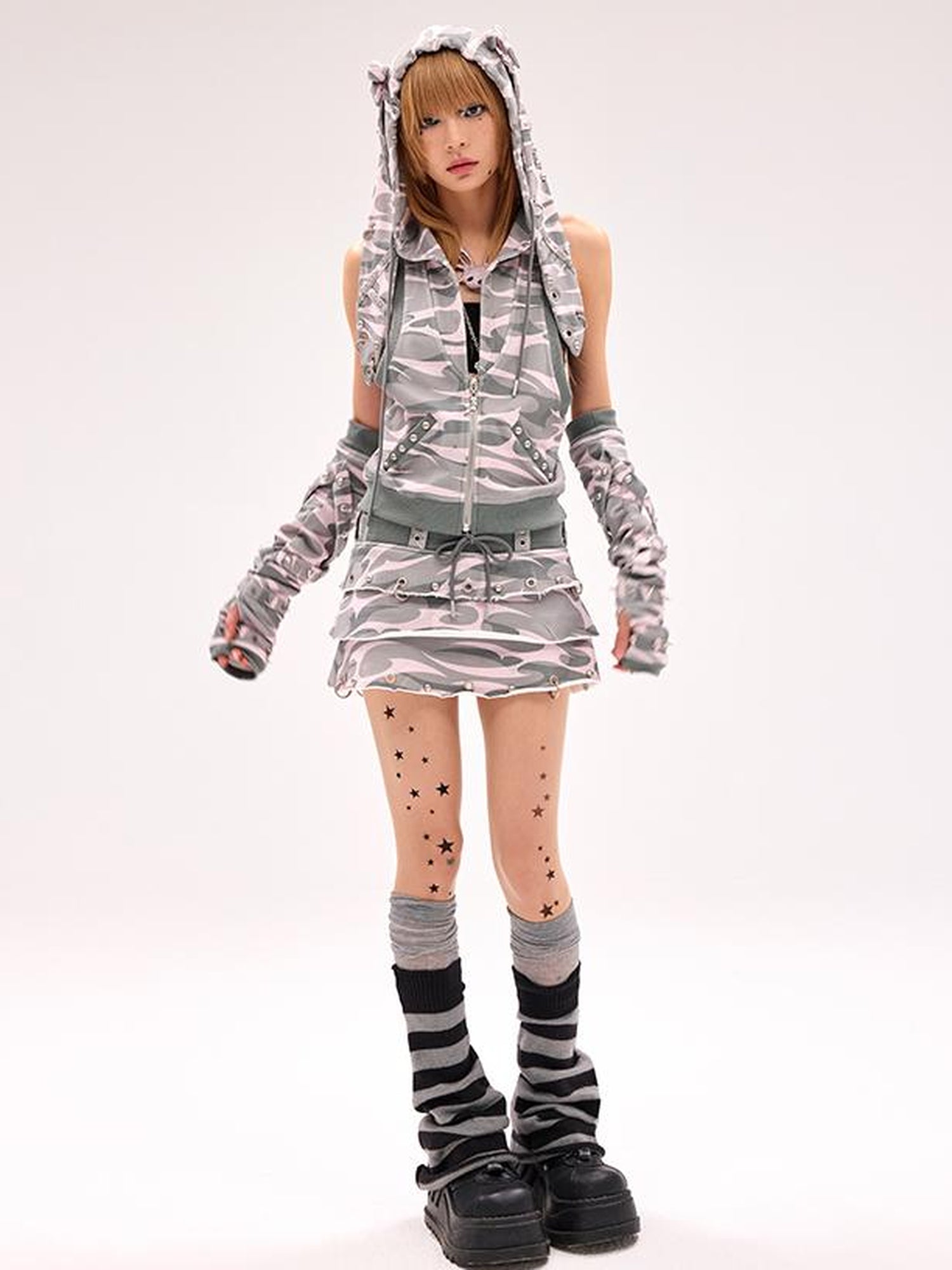CFIERCE Rivet Bunny Ear Vest Jacket V Neck T Shirt Long Sleeve