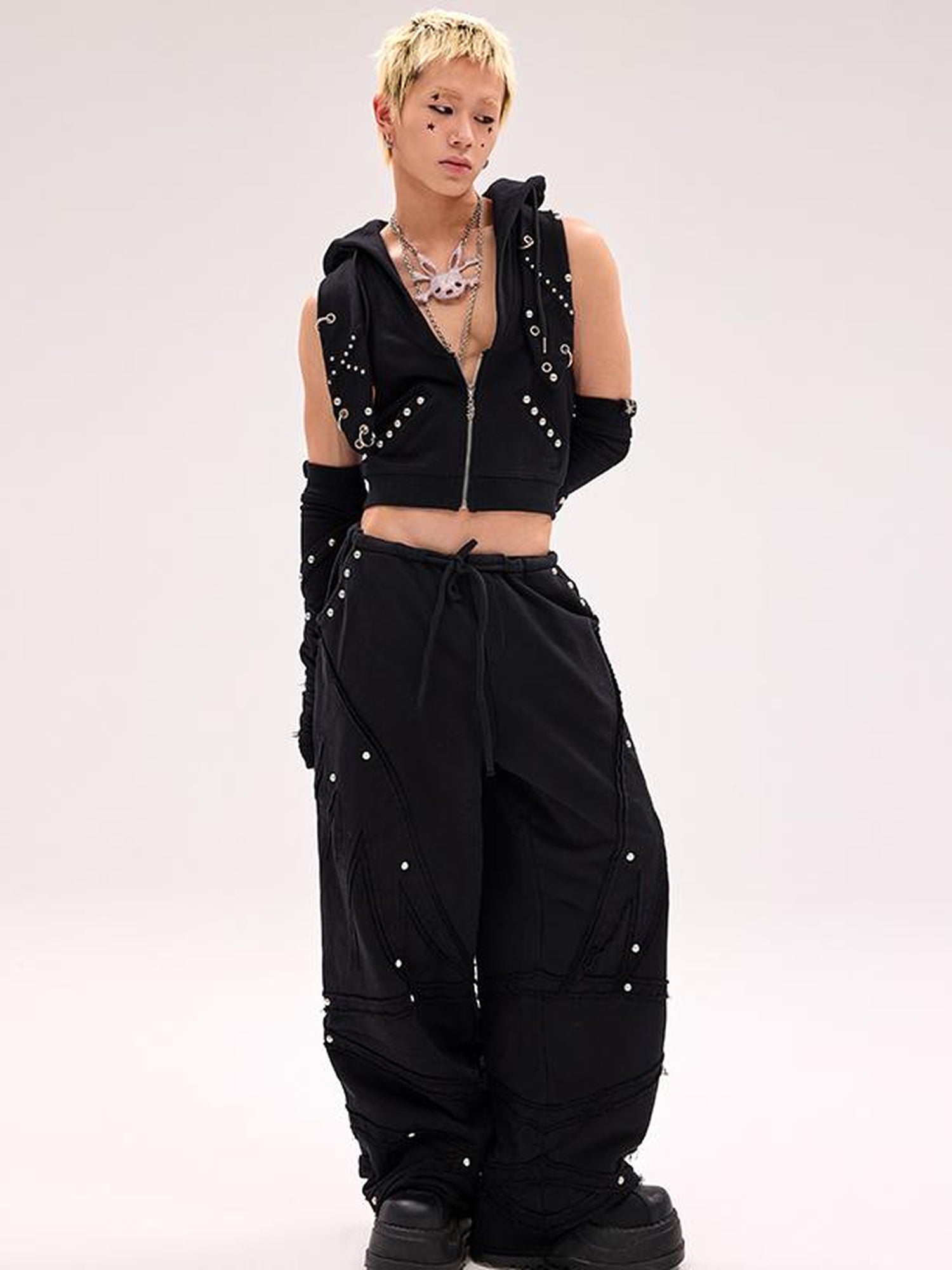 CFIERCE Rivet Bunny Ear Vest Jacket V Neck T Shirt Long Sleeve