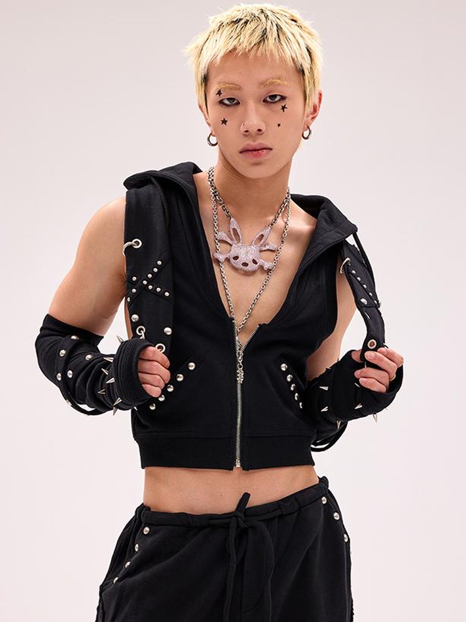 CFIERCE Rivet Bunny Ear Vest Jacket V Neck T Shirt Long Sleeve