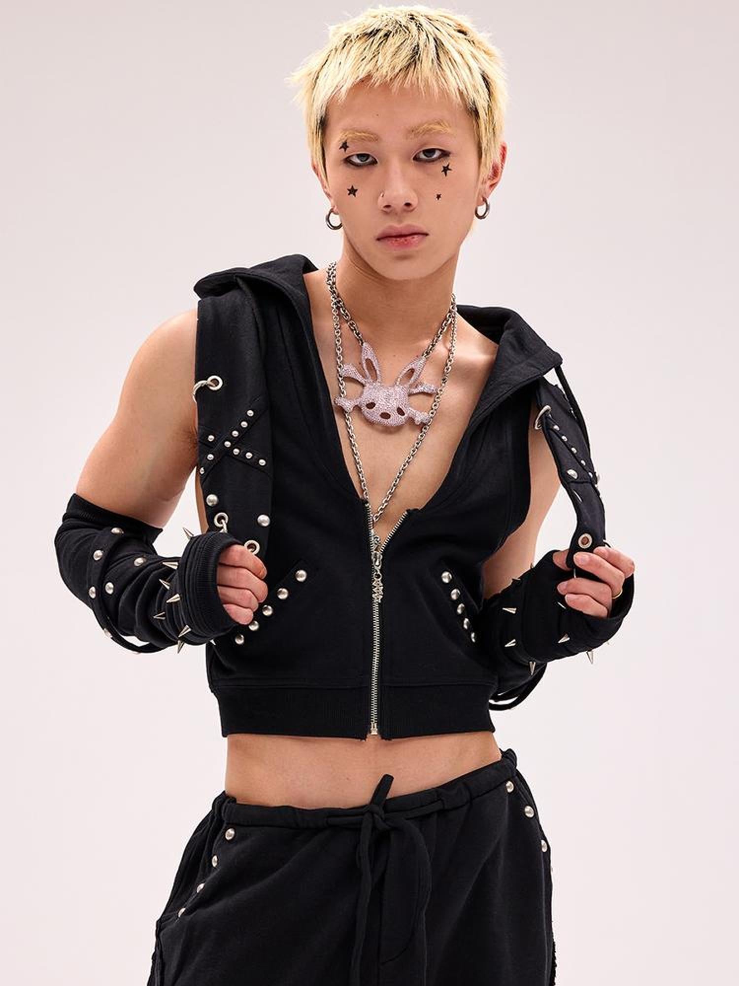 CFIERCE Rivet Bunny Ear Vest Jacket V Neck T Shirt Long Sleeve