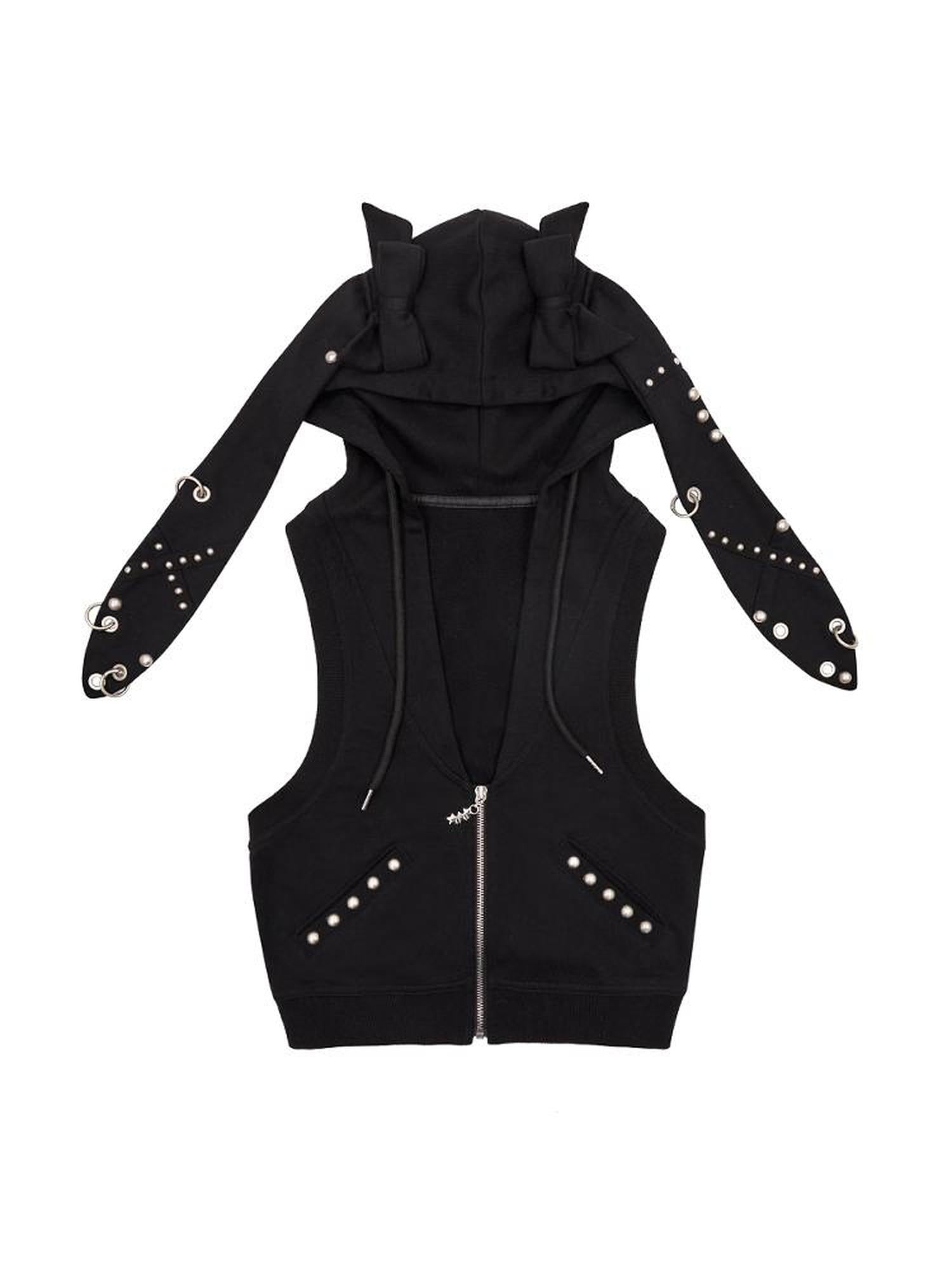 CFIERCE Rivet Bunny Ear Vest Jacket V Neck T Shirt Long Sleeve