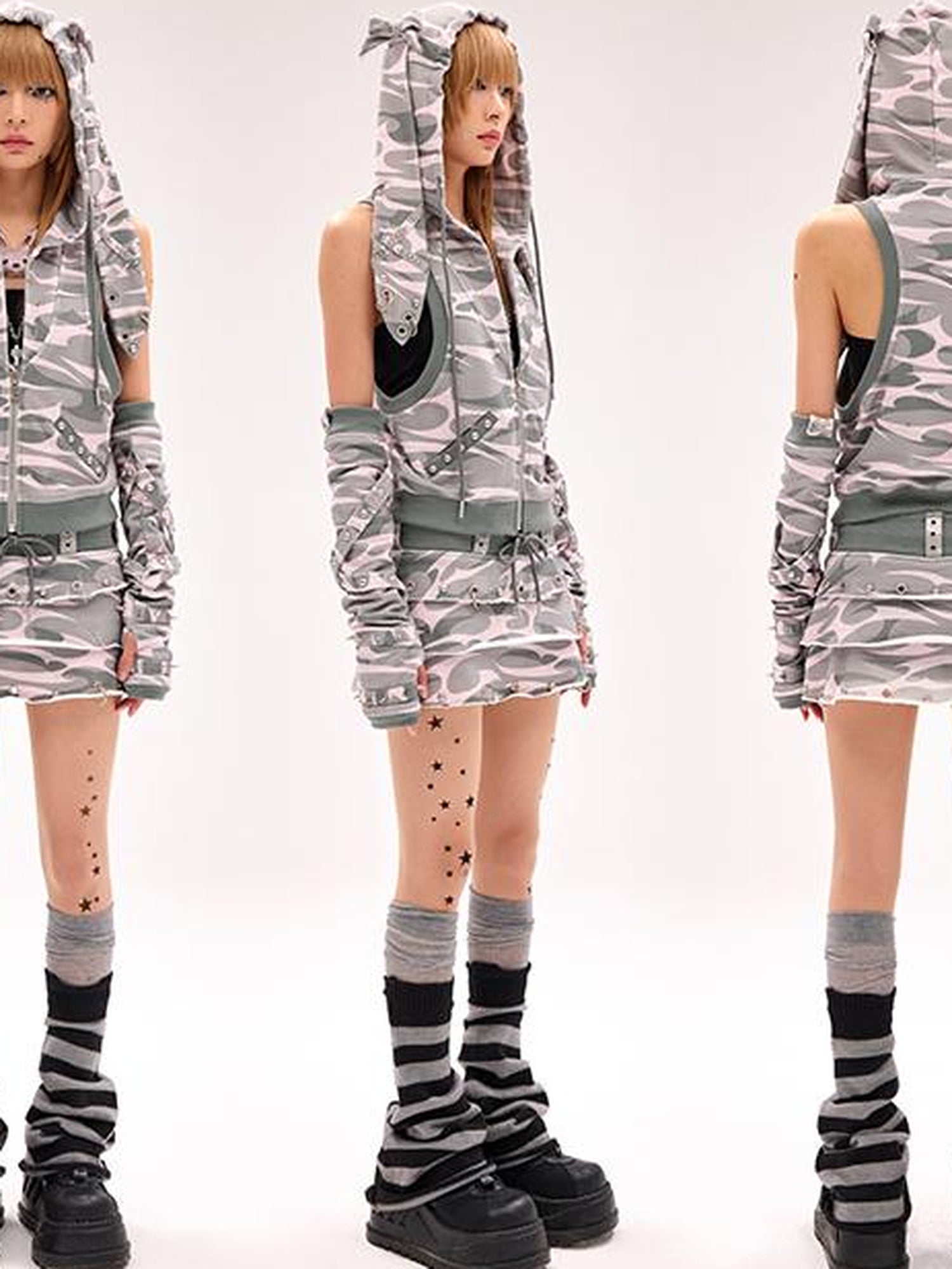 CFIERCE Rivet Bunny Ear Vest Jacket V Neck T Shirt Long Sleeve