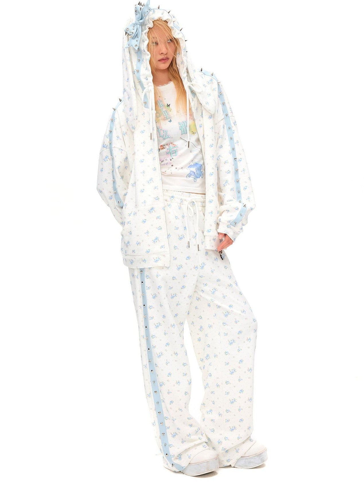 CFIERCE Rose Thorn Floral Rabbit Ear Oversized Zip Hooded Women&
