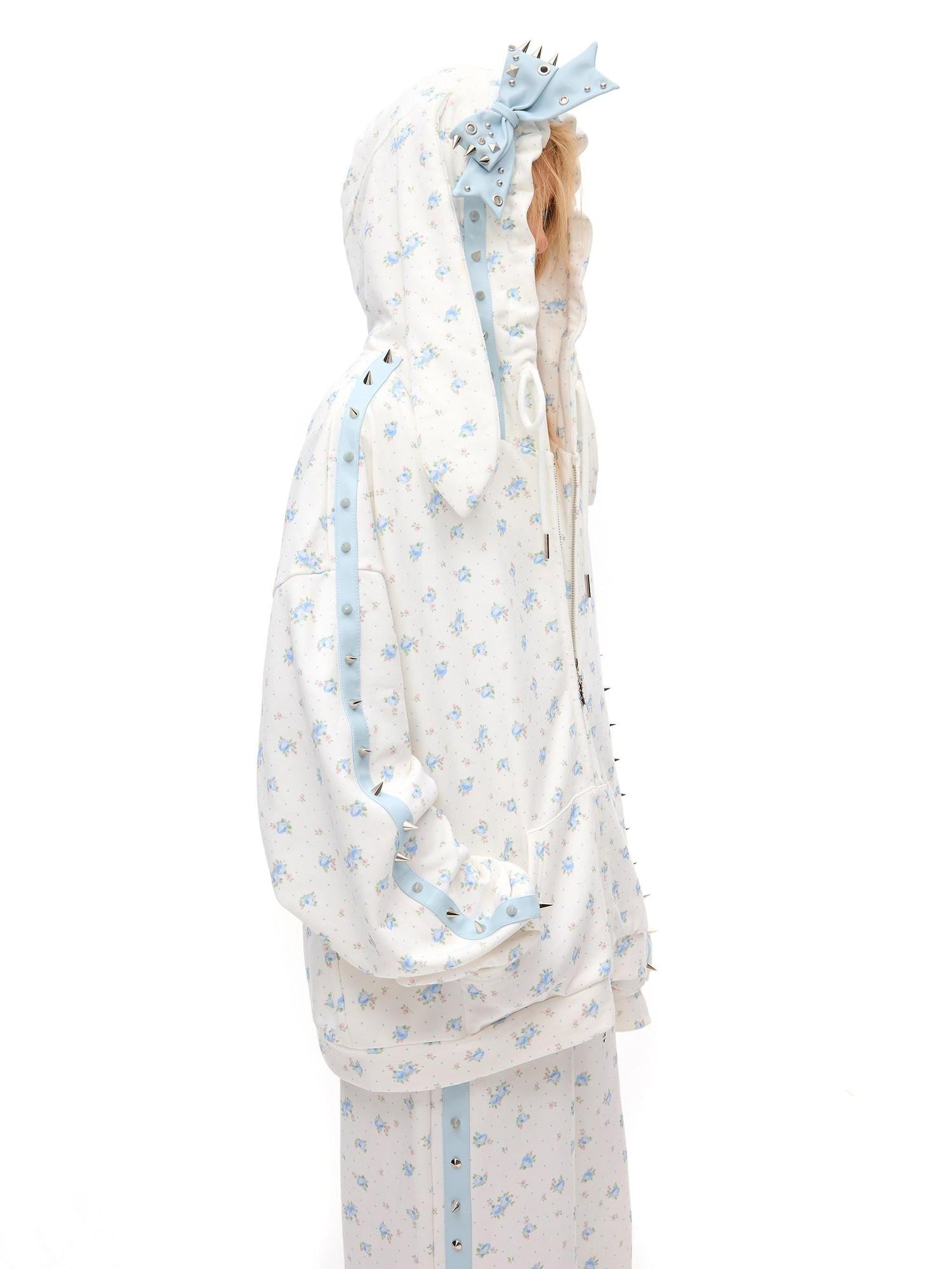 CFIERCE Rose Thorn Floral Rabbit Ear Oversized Zip Hooded Women&