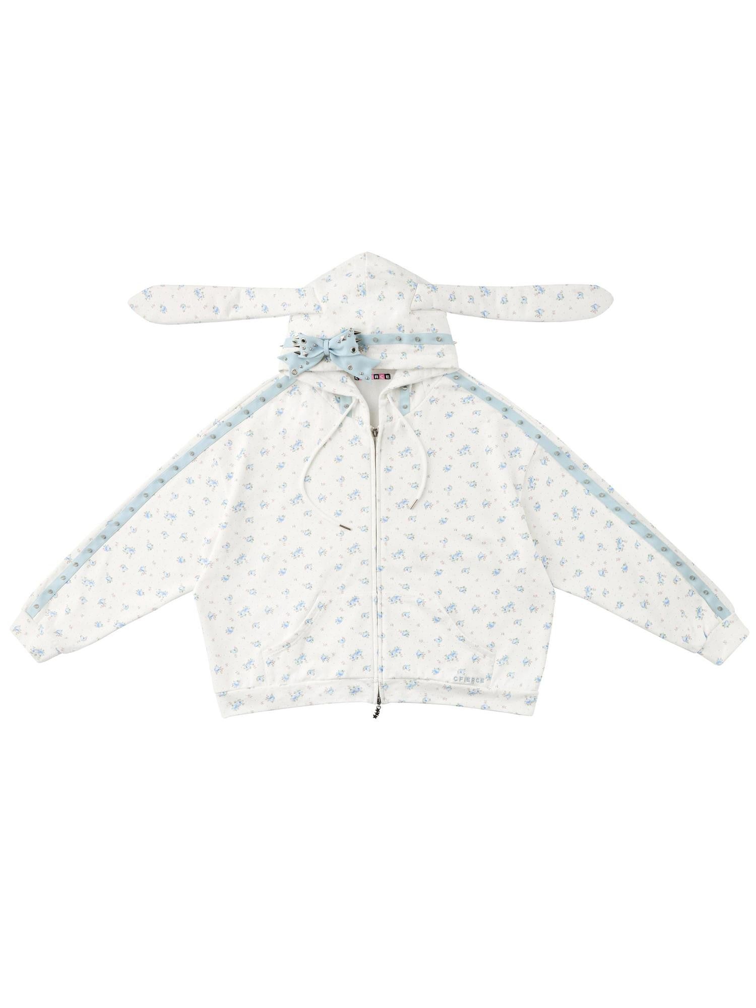 CFIERCE Rose Thorn Floral Rabbit Ear Oversized Zip Hooded Women&
