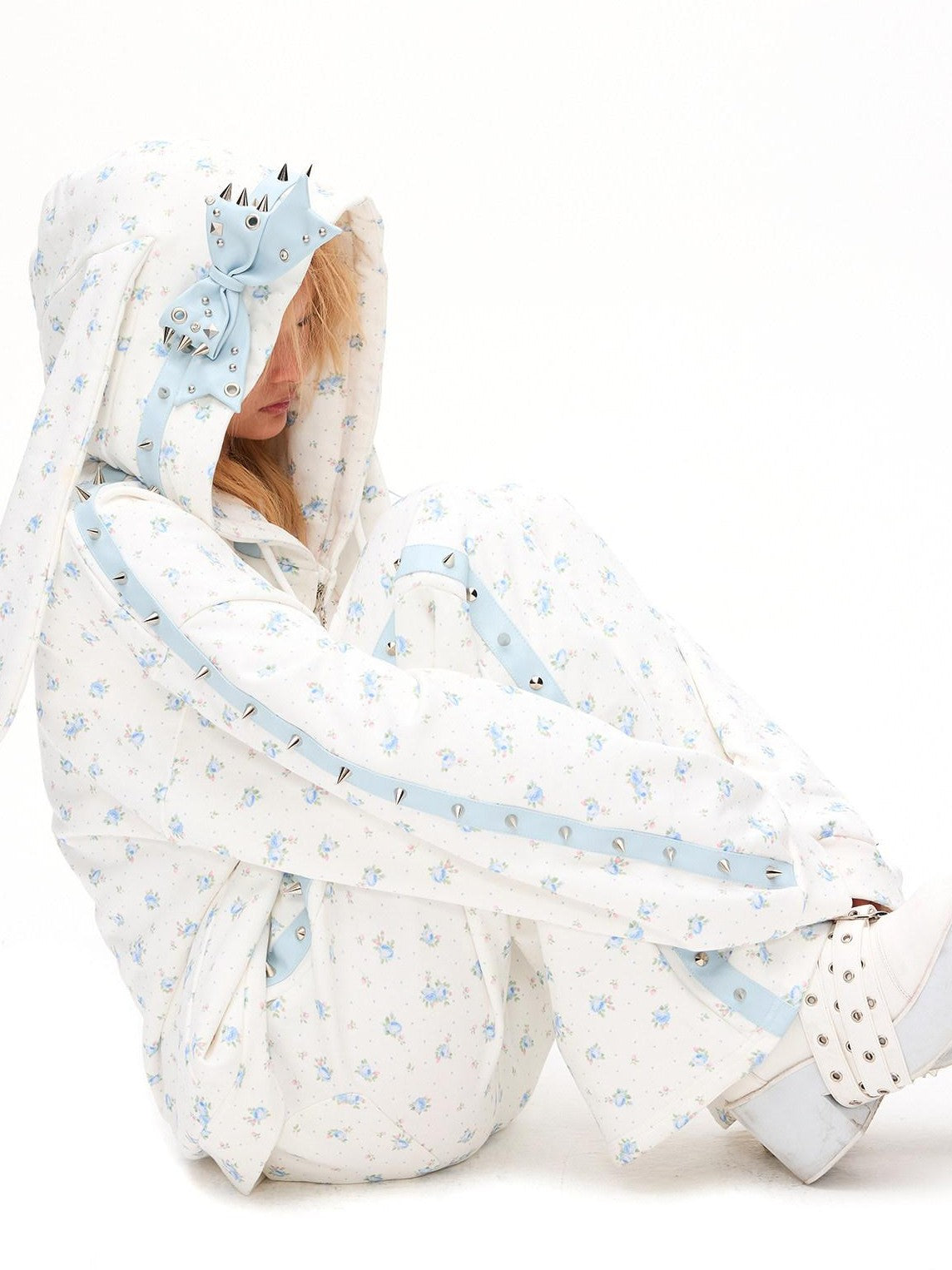 CFIERCE Rose Thorn Floral Rabbit Ear Oversized Zip Hooded Women&