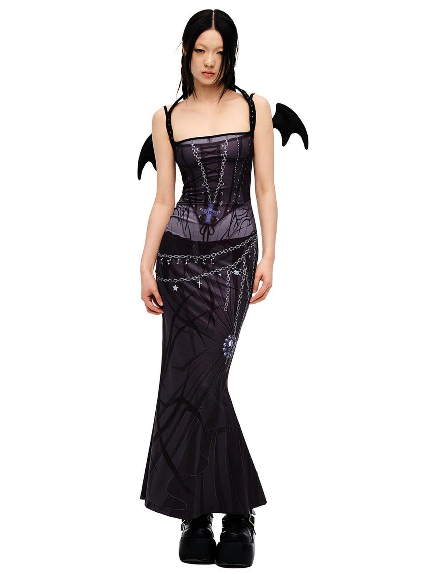 CFIERCE Siren Mermaid Maxi Dress V Neck T Shirt Long Sleeve