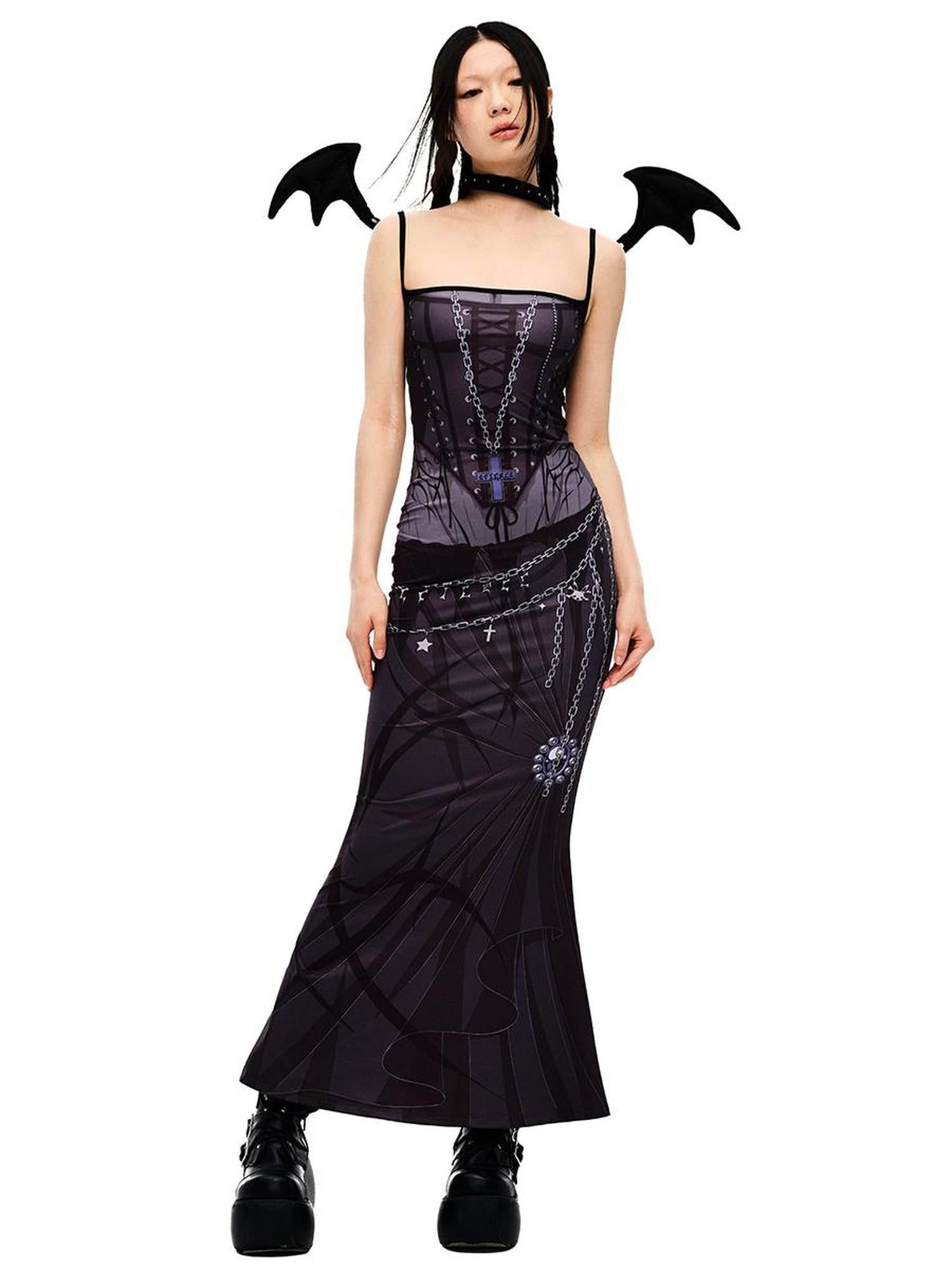 CFIERCE Siren Mermaid Maxi Dress V Neck T Shirt Long Sleeve