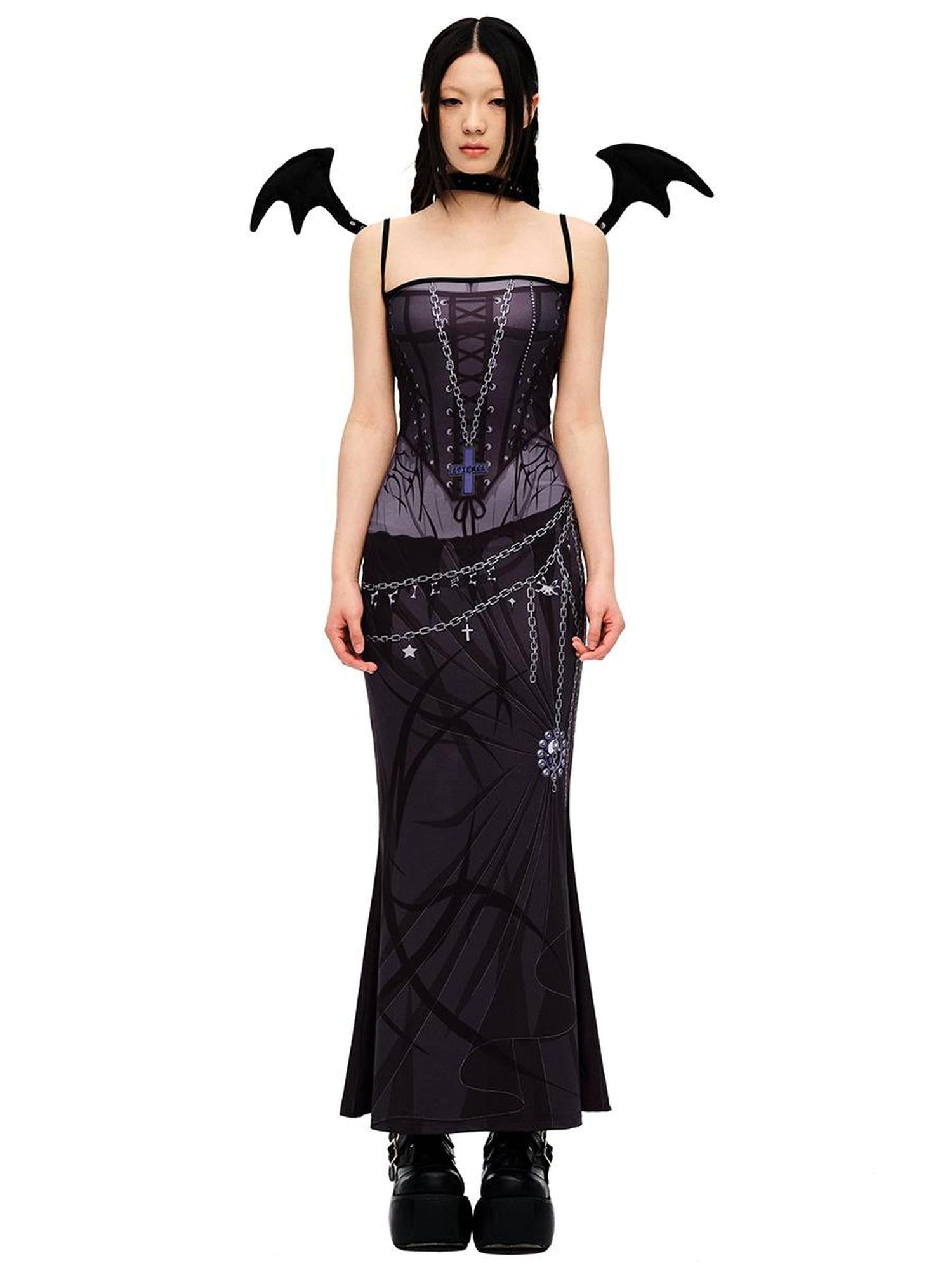 CFIERCE Siren Mermaid Maxi Dress V Neck T Shirt Long Sleeve