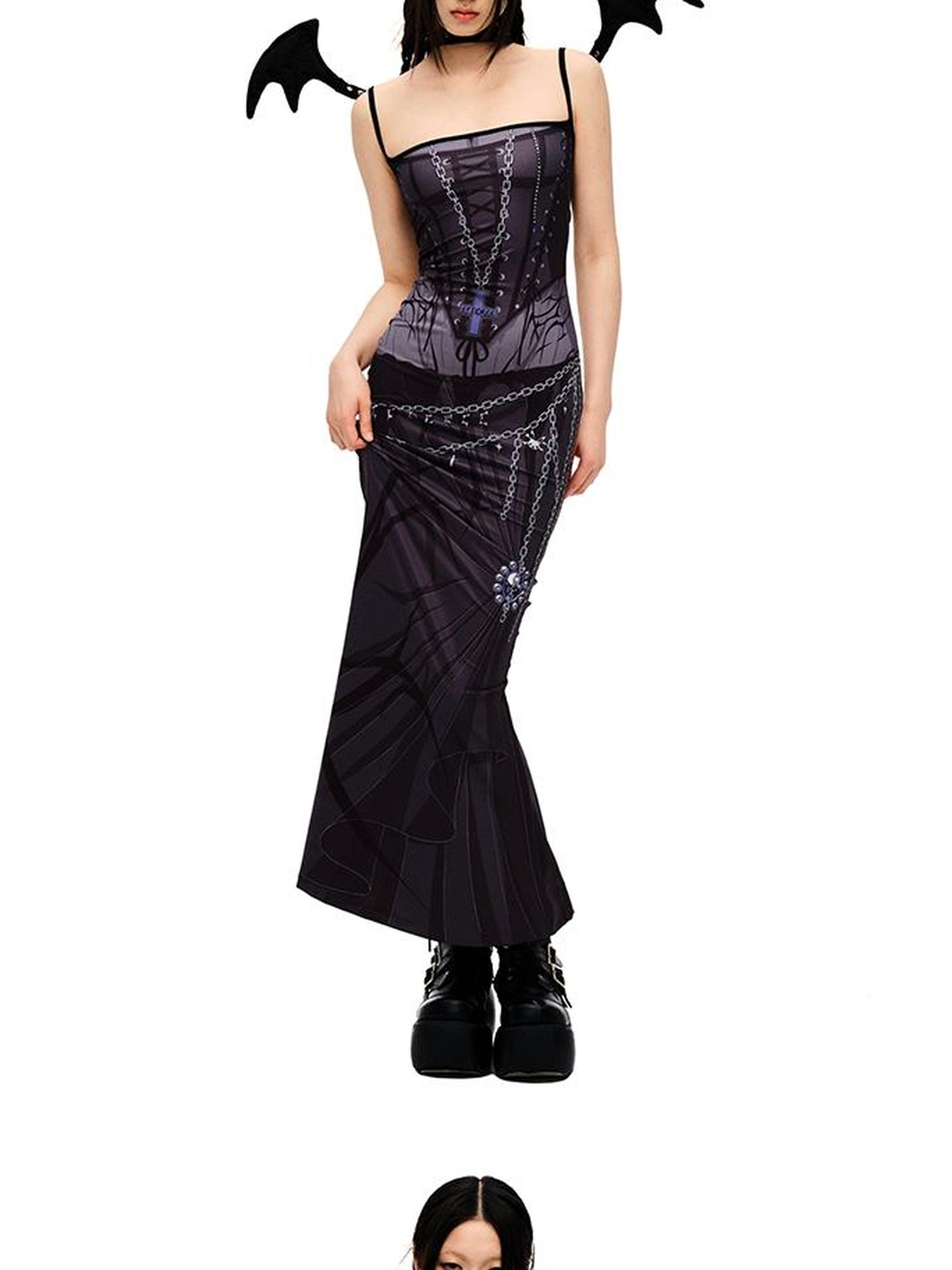 CFIERCE Siren Mermaid Maxi Dress V Neck T Shirt Long Sleeve
