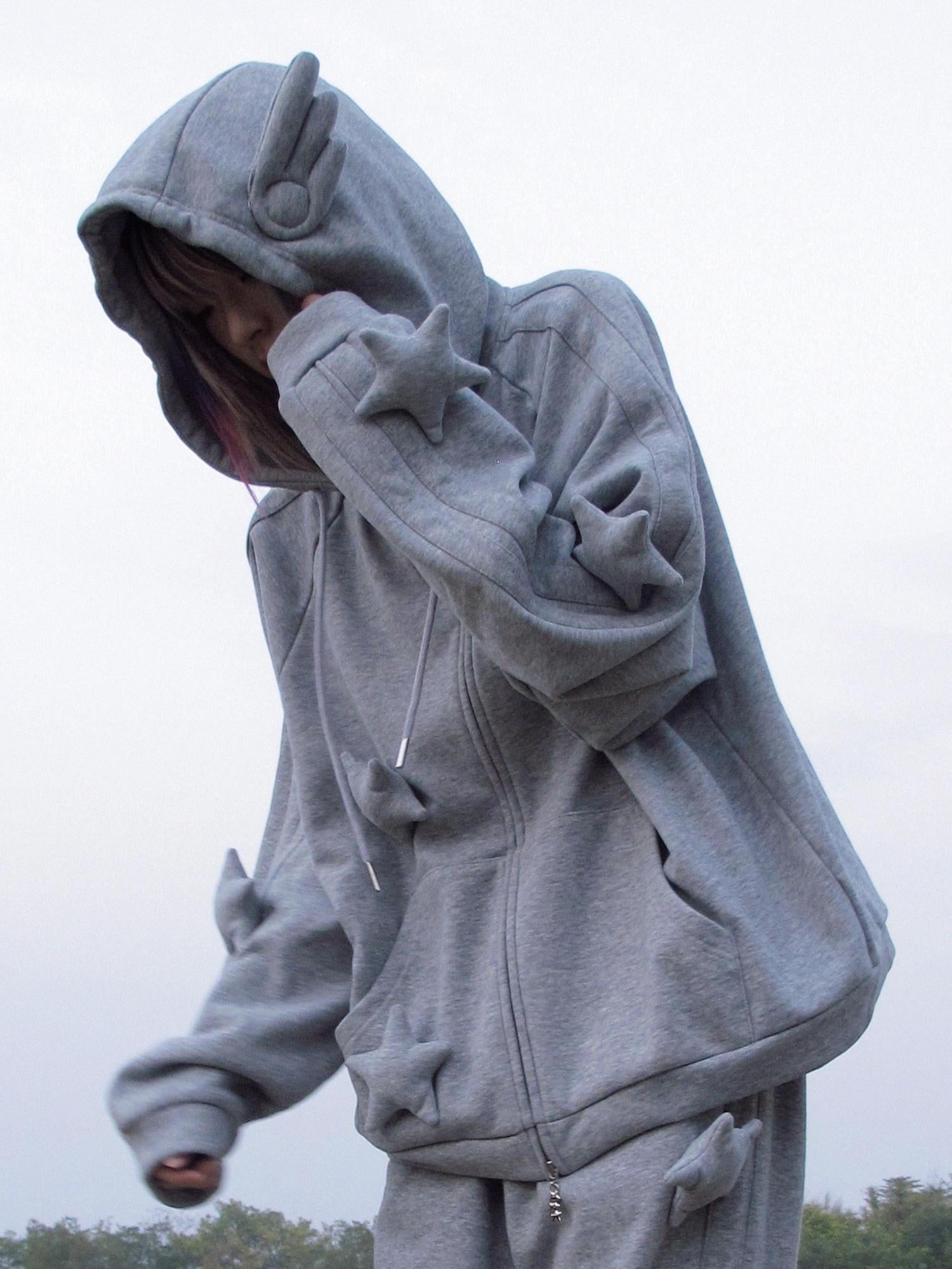 CFIERCE Soft Cotton Blend Star Zip Loose Fit Unisex Casual Grey Hoodies