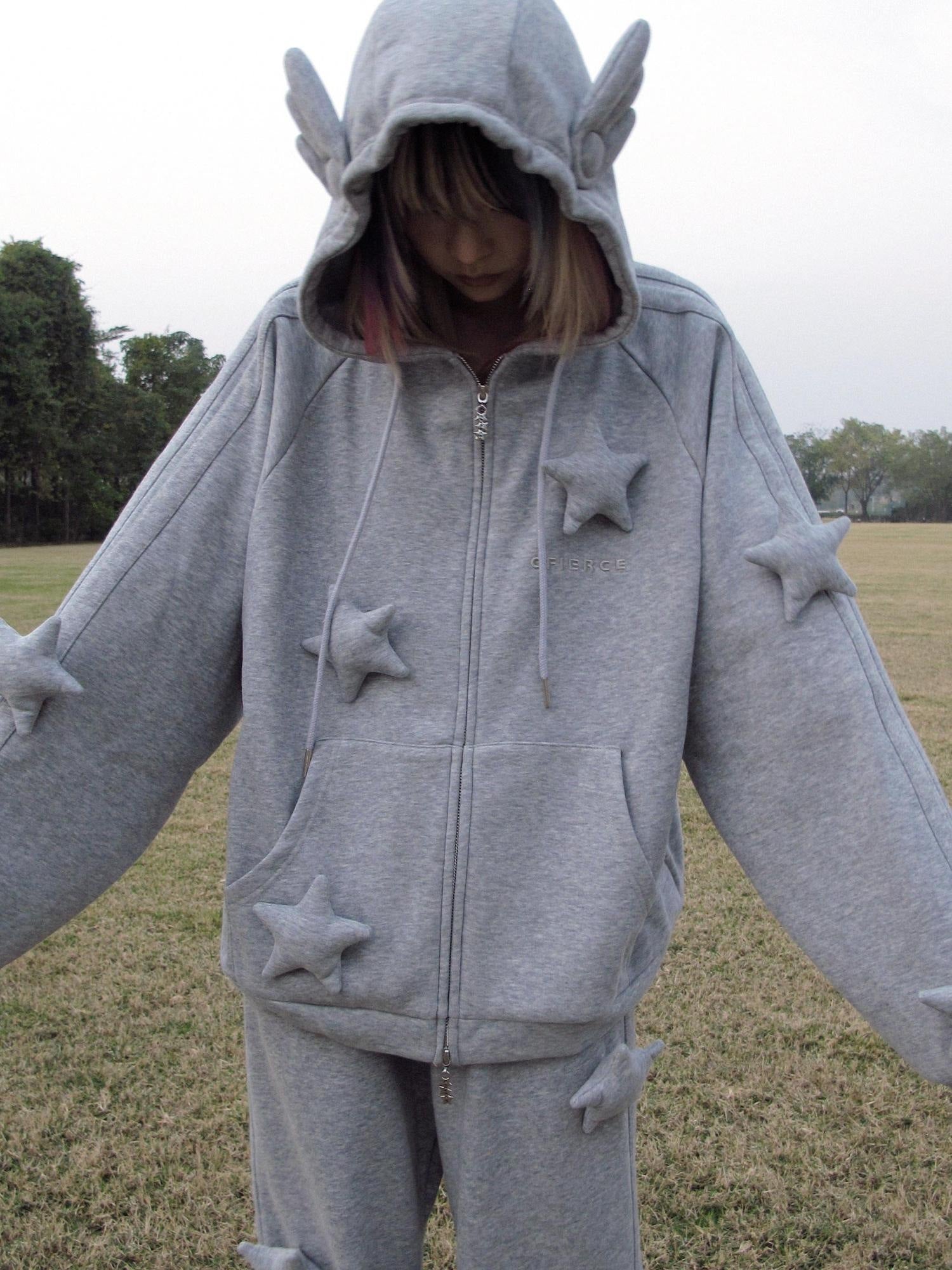 CFIERCE Soft Cotton Blend Star Zip Loose Fit Unisex Casual Grey Hoodies