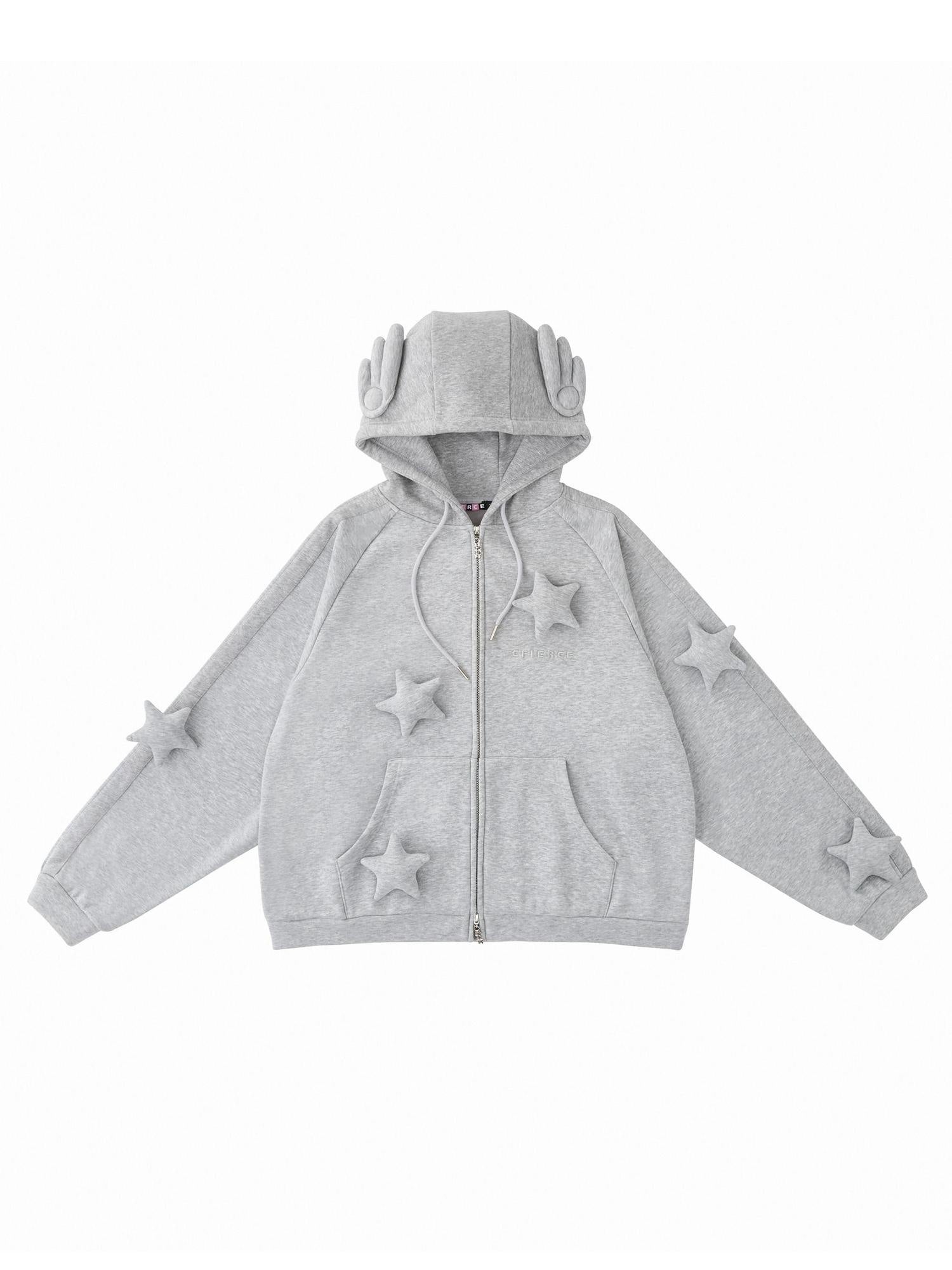 CFIERCE Soft Cotton Blend Star Zip Loose Fit Unisex Casual Grey Hoodies