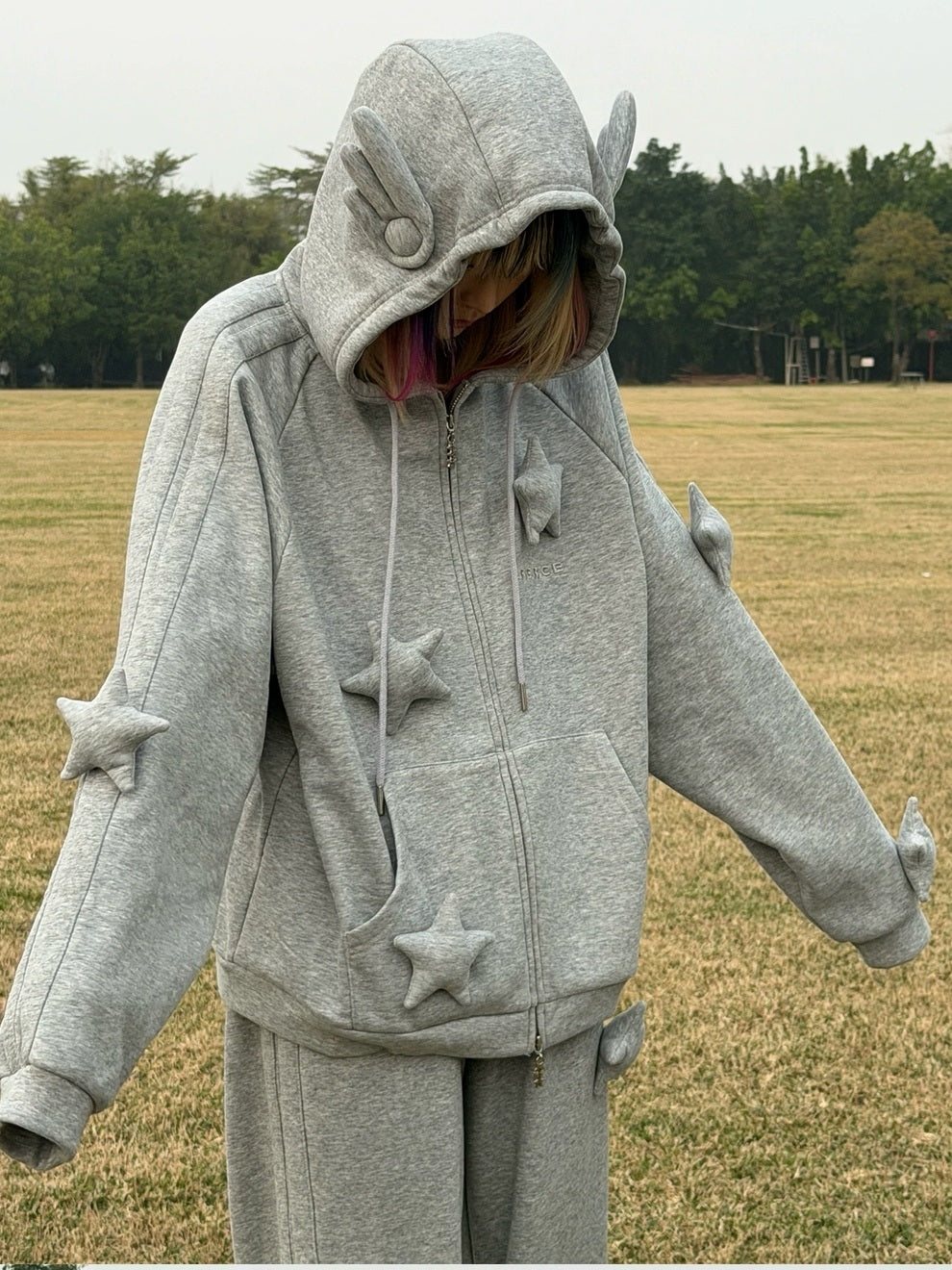 CFIERCE Soft Cotton Blend Star Zip Loose Fit Unisex Casual Grey Hoodies