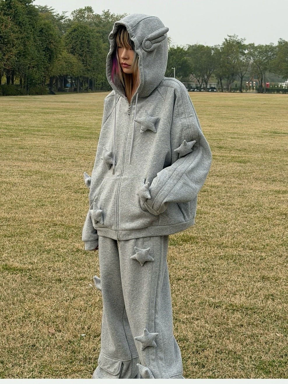 CFIERCE Soft Cotton Blend Star Zip Loose Fit Unisex Casual Grey Hoodies