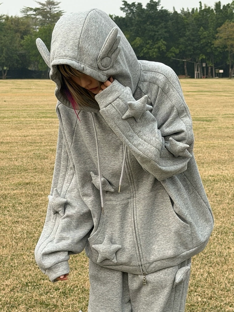 CFIERCE Soft Cotton Blend Star Zip Loose Fit Unisex Casual Grey Hoodies