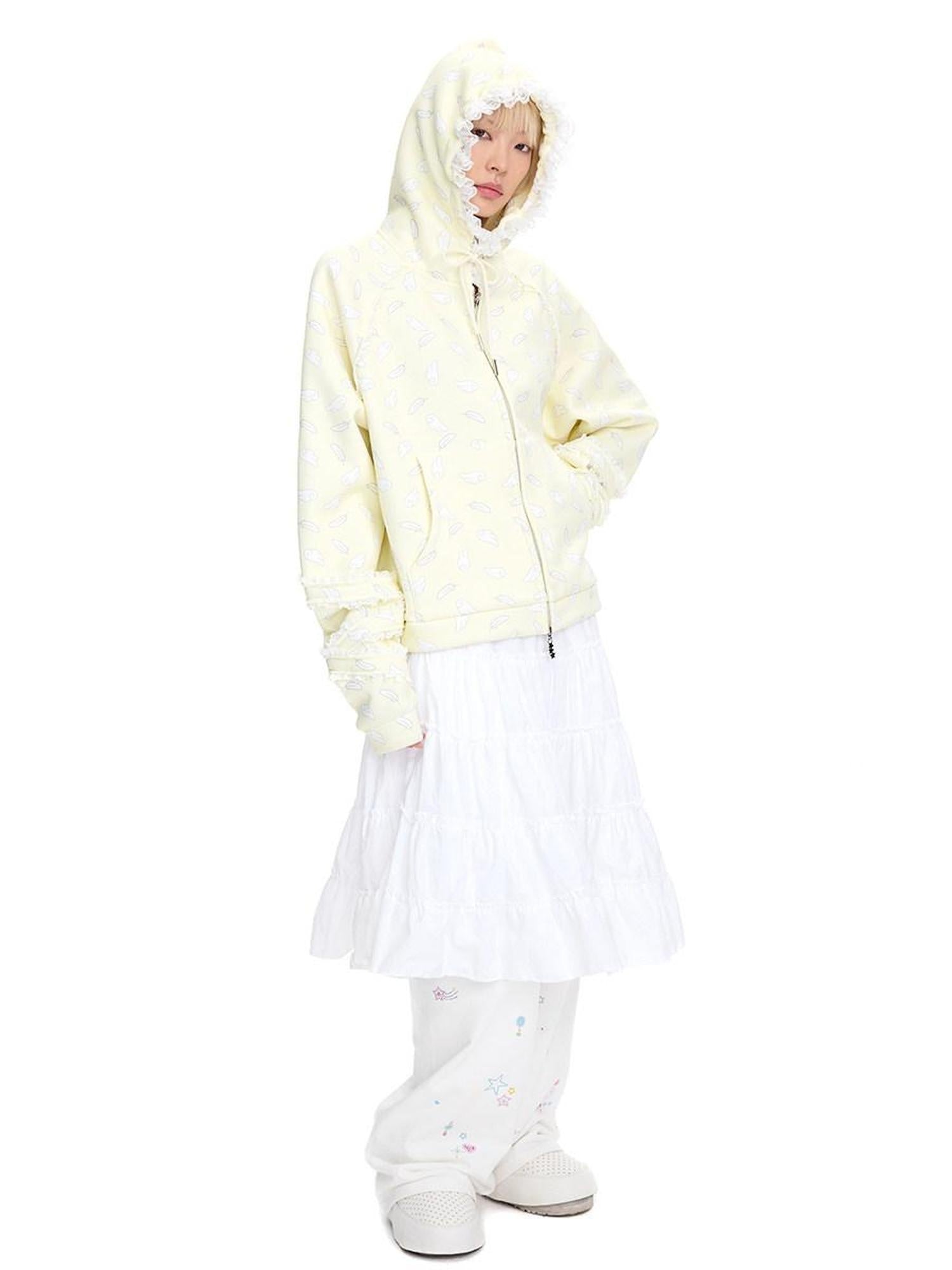 CFIERCE Soft Cotton Blend Zip Up Cartoon Print Loose Fit Commuter Yellow Gray Hoodies