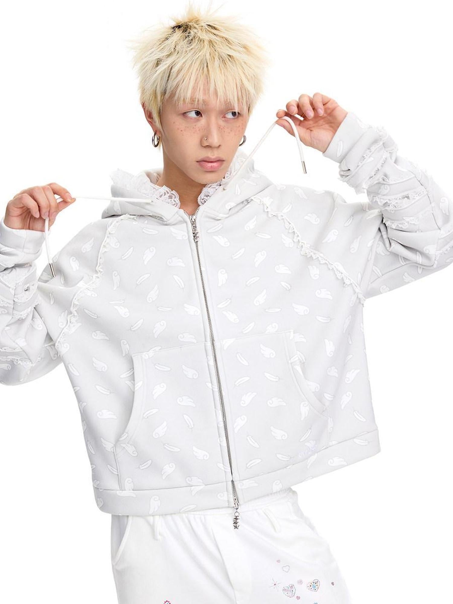 CFIERCE Soft Cotton Blend Zip Up Cartoon Print Loose Fit Commuter Yellow Gray Hoodies