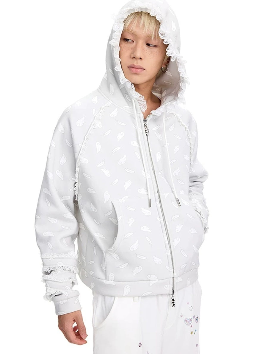 CFIERCE Soft Cotton Blend Zip Up Cartoon Print Loose Fit Commuter Yellow Gray Hoodies