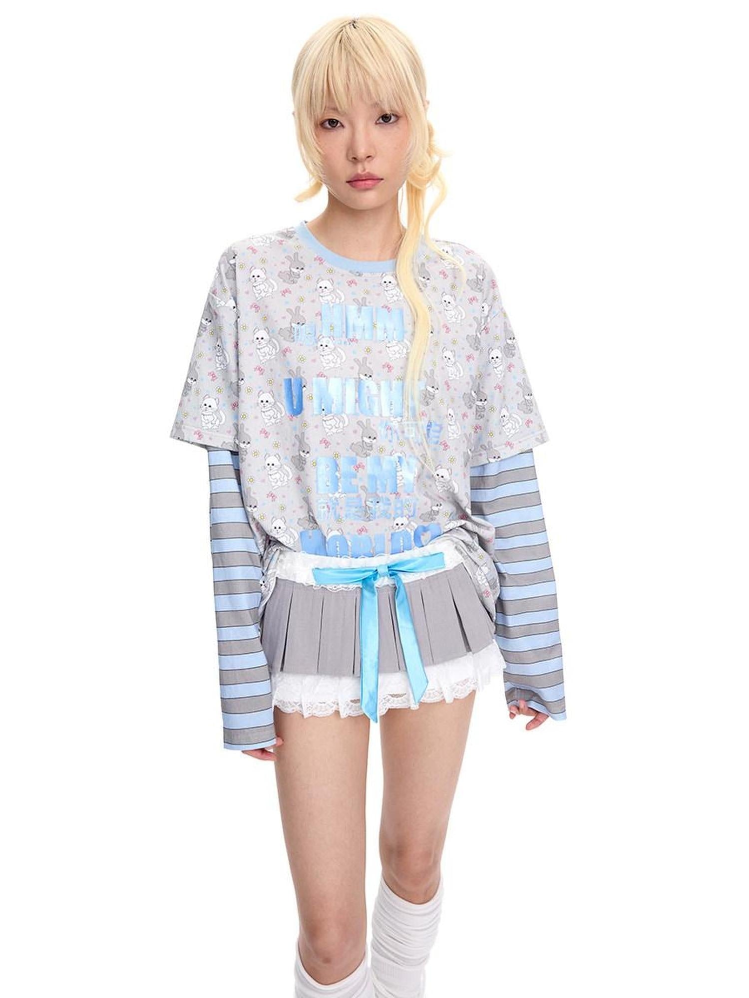 CFIERCE Soft Cotton Low Waist Casual Pleated Lace Bow For Women Gray Mini Skirt