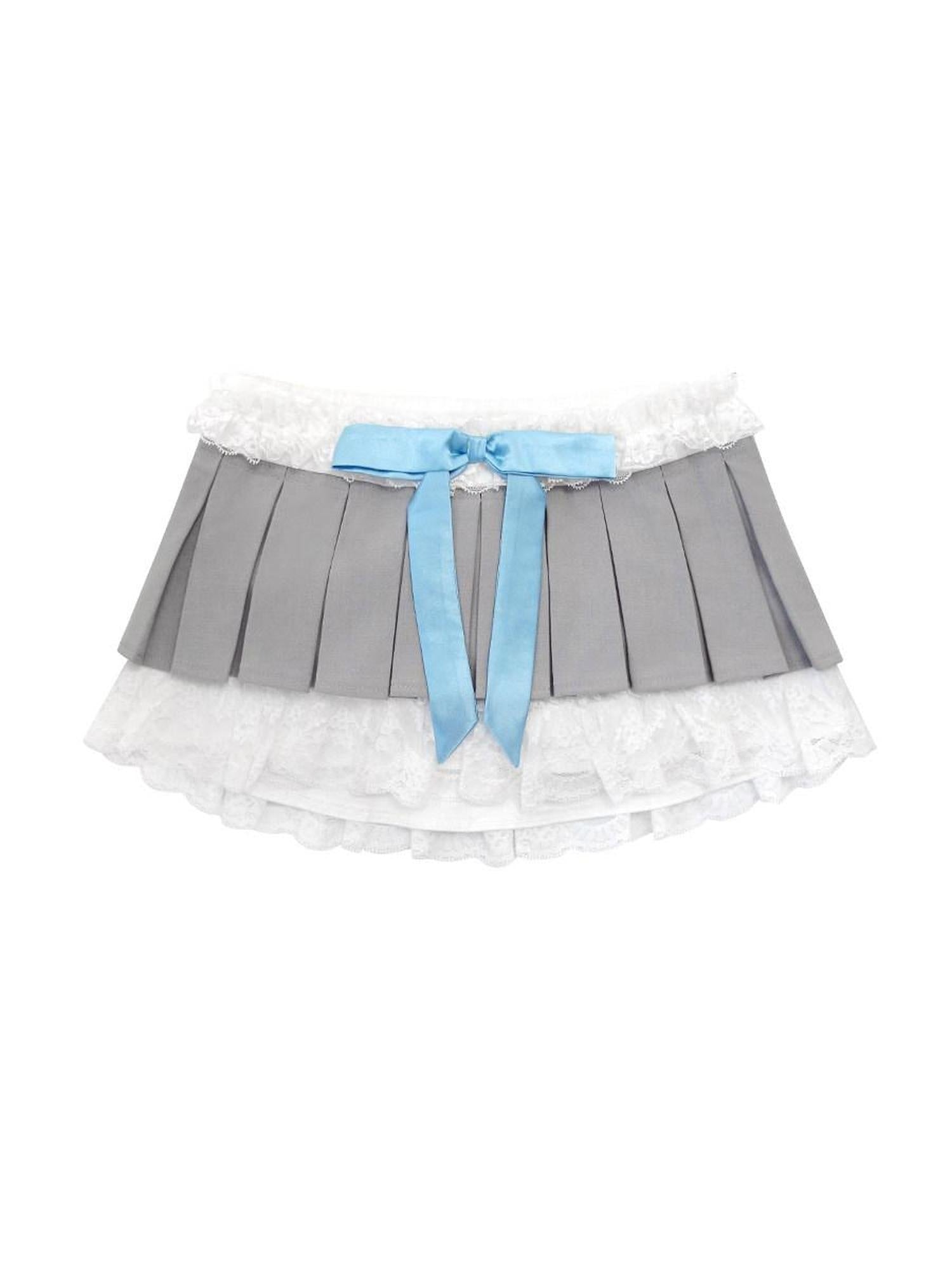CFIERCE Soft Cotton Low Waist Casual Pleated Lace Bow For Women Gray Mini Skirt