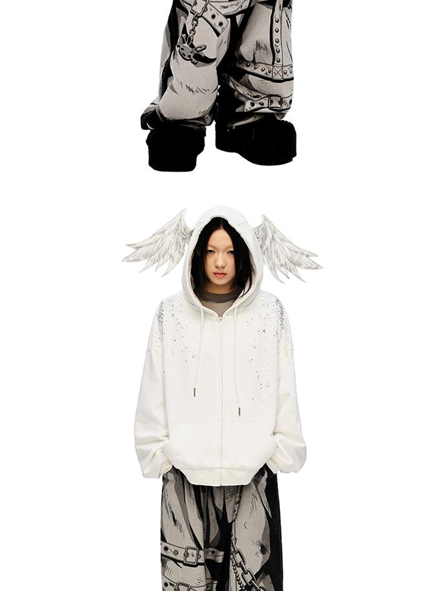 CFIERCE Sparkle Star Angel Hoodie V-Neck T-Shirt Long-Sleeve