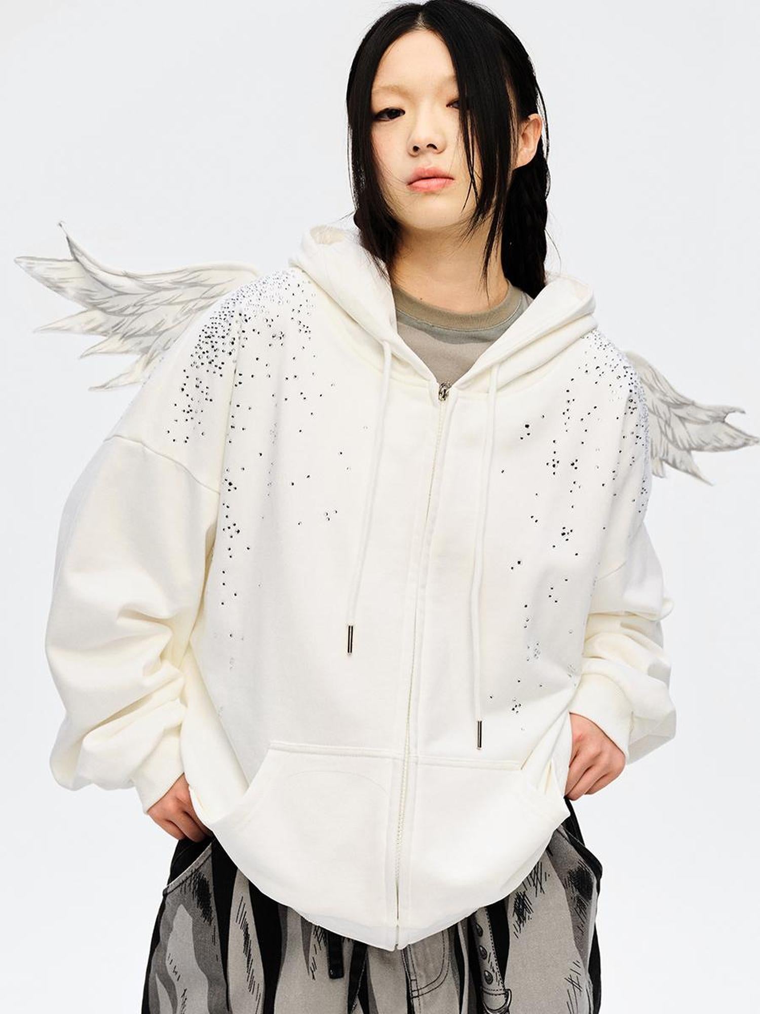 CFIERCE Sparkle Star Angel Hoodie V-Neck T-Shirt Long-Sleeve