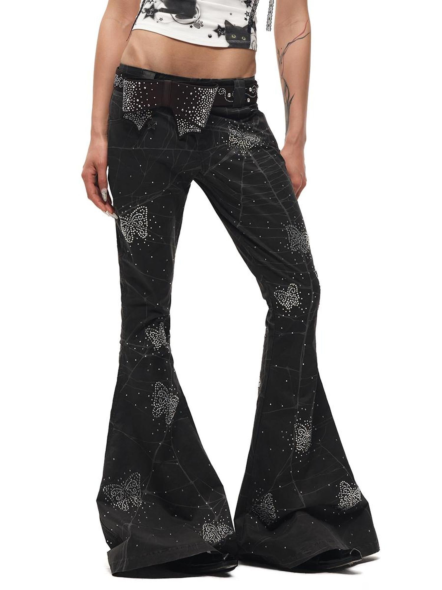 CFIERCE Spiderweb Butterfly Crystal Flared Pants