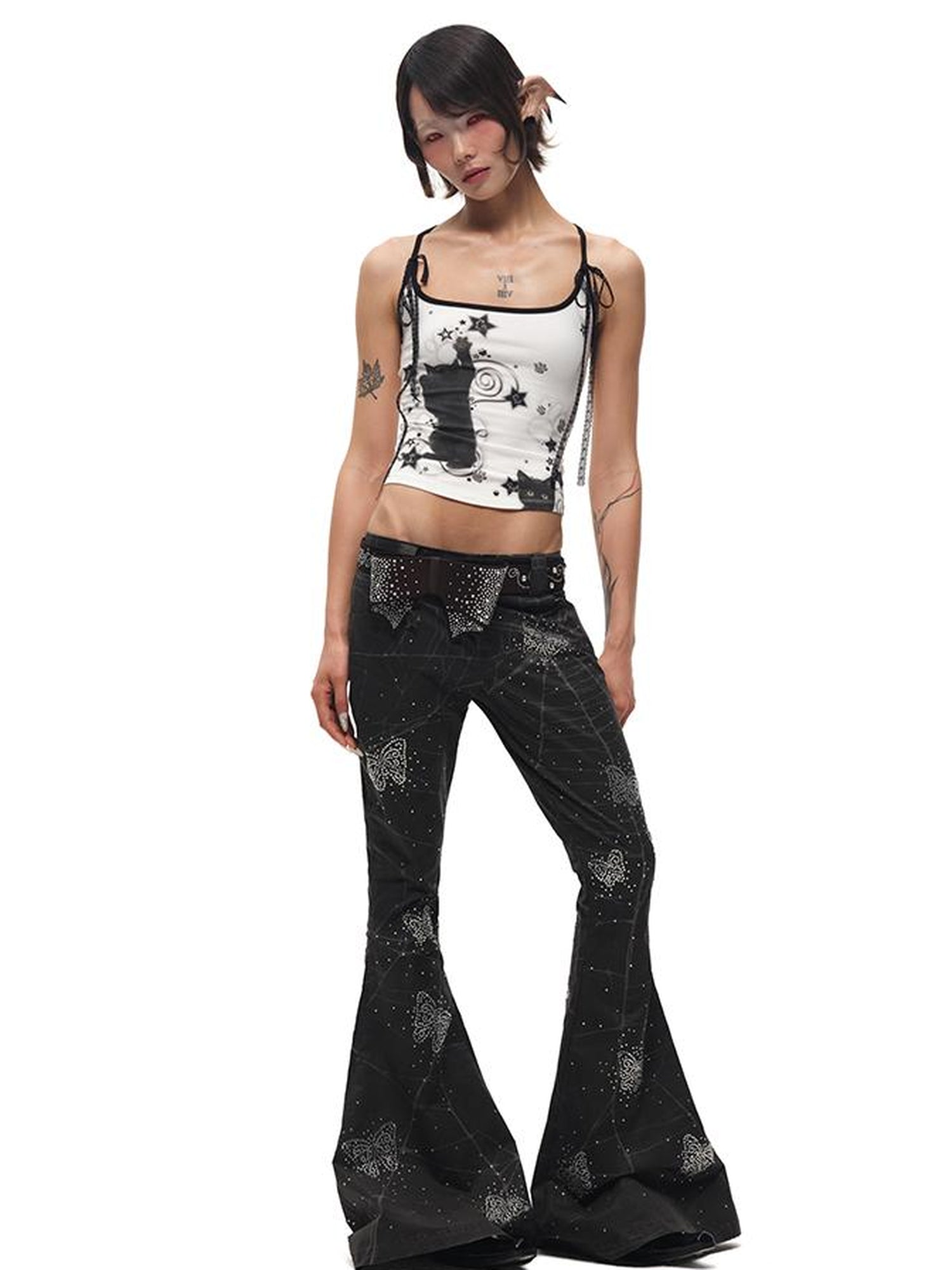 CFIERCE Spiderweb Butterfly Crystal Flared Pants