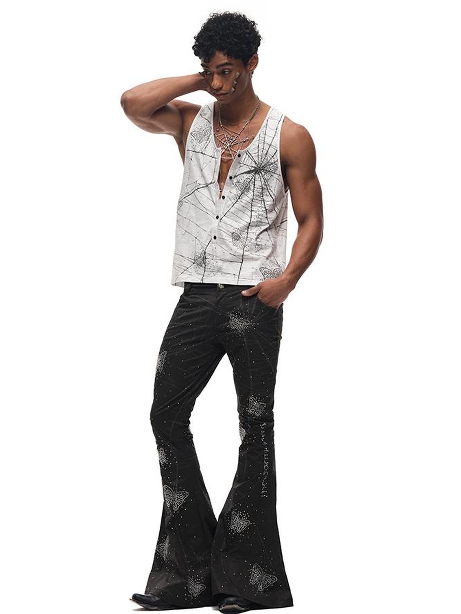 CFIERCE Spiderweb Butterfly Crystal Flared Pants