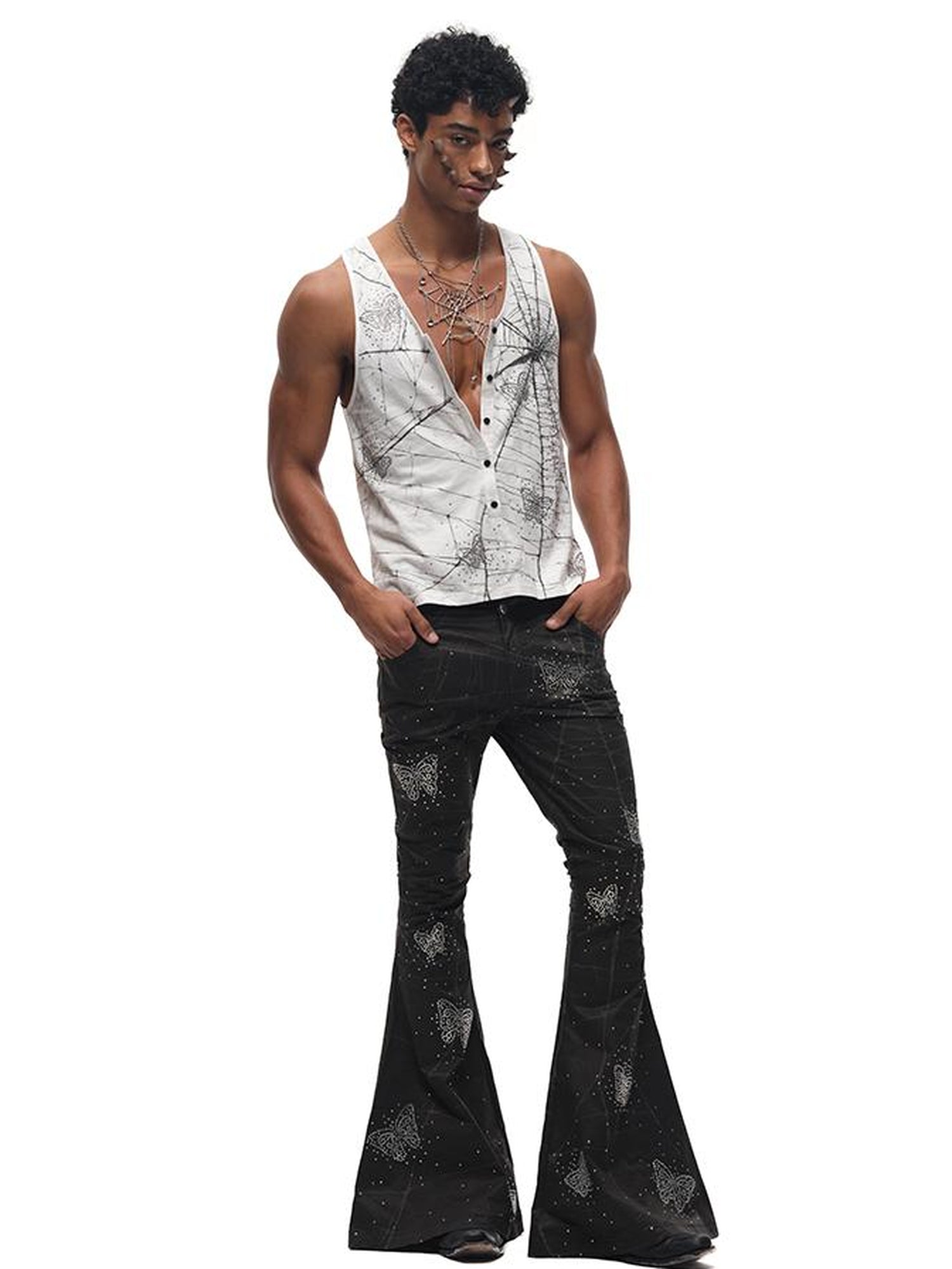 CFIERCE Spiderweb Butterfly Crystal Flared Pants