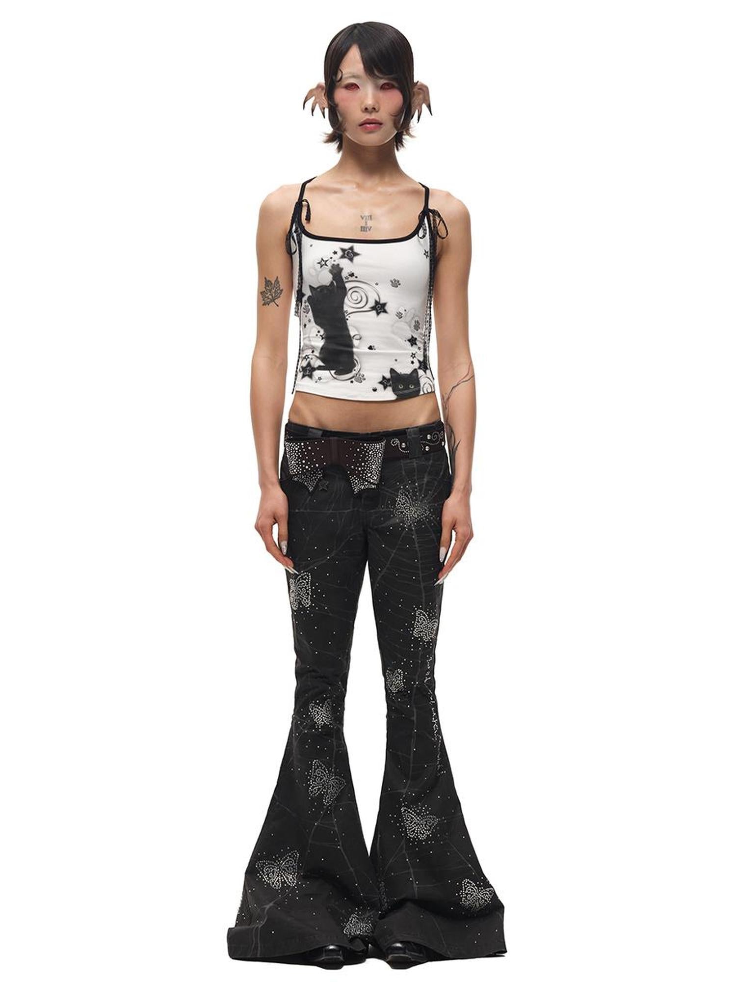CFIERCE Spiderweb Butterfly Crystal Flared Pants