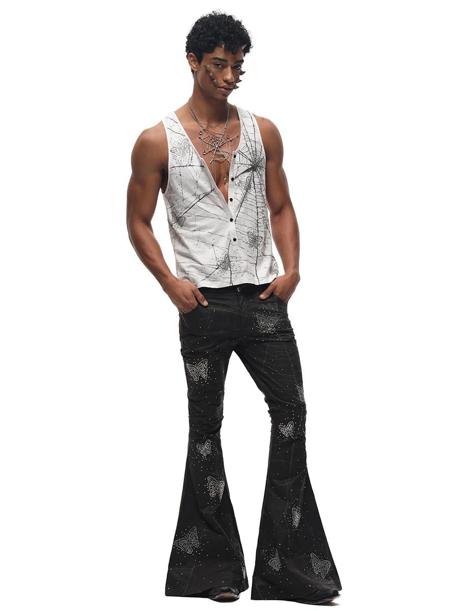 CFIERCE Spiderweb Butterfly Crystal Flared Pants