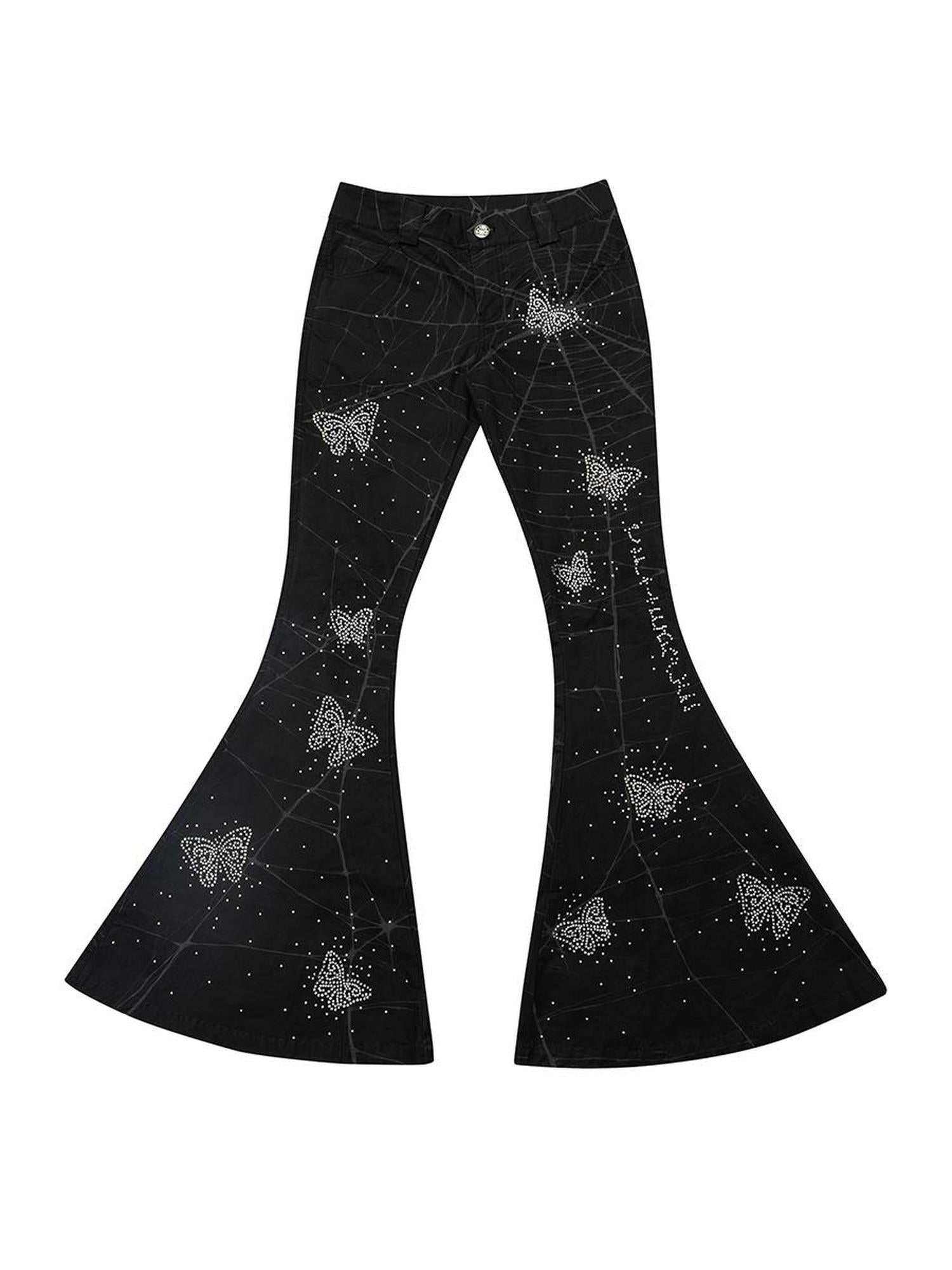 CFIERCE Spiderweb Butterfly Crystal Flared Pants