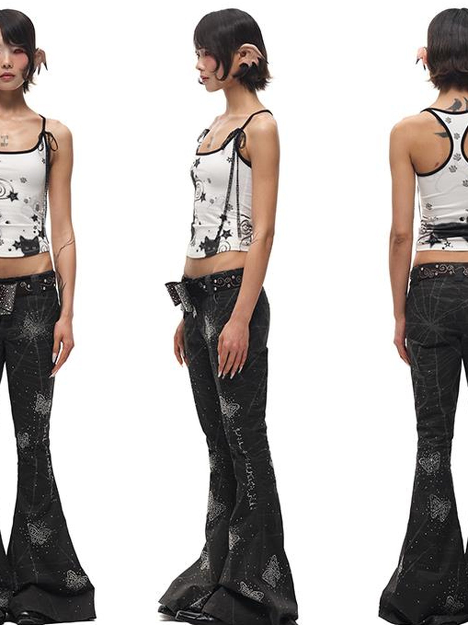 CFIERCE Spiderweb Butterfly Crystal Flared Pants