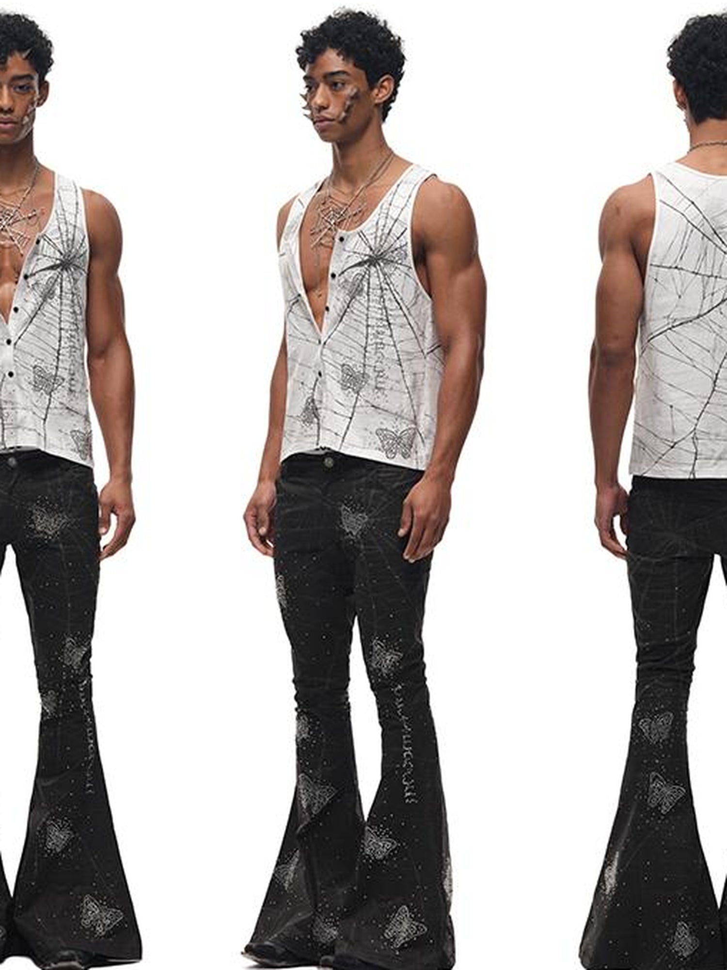 CFIERCE Spiderweb Butterfly Crystal Flared Pants