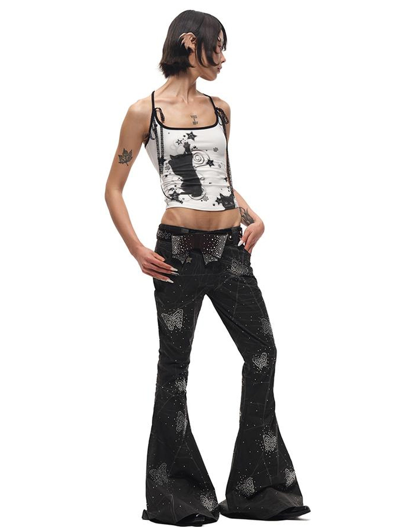 CFIERCE Spiderweb Butterfly Crystal Flared Pants