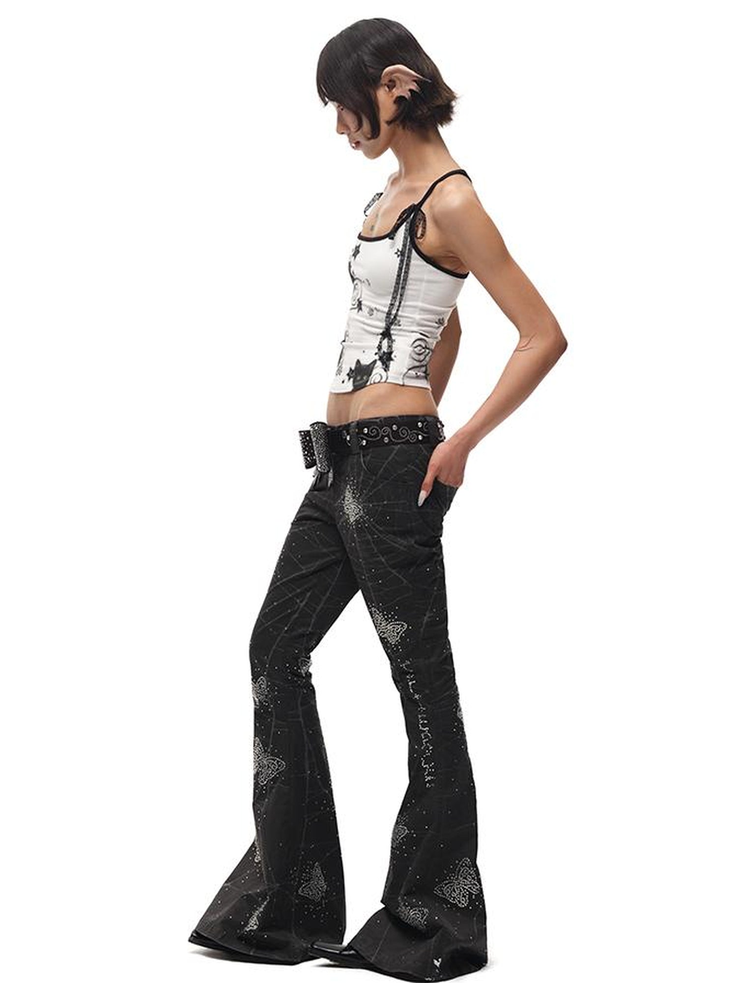 CFIERCE Spiderweb Butterfly Crystal Flared Pants