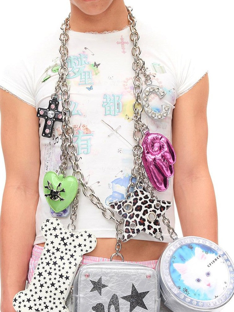 CFIERCE Square Cat Pendant Chain Strap Zipper Medium Large Women&