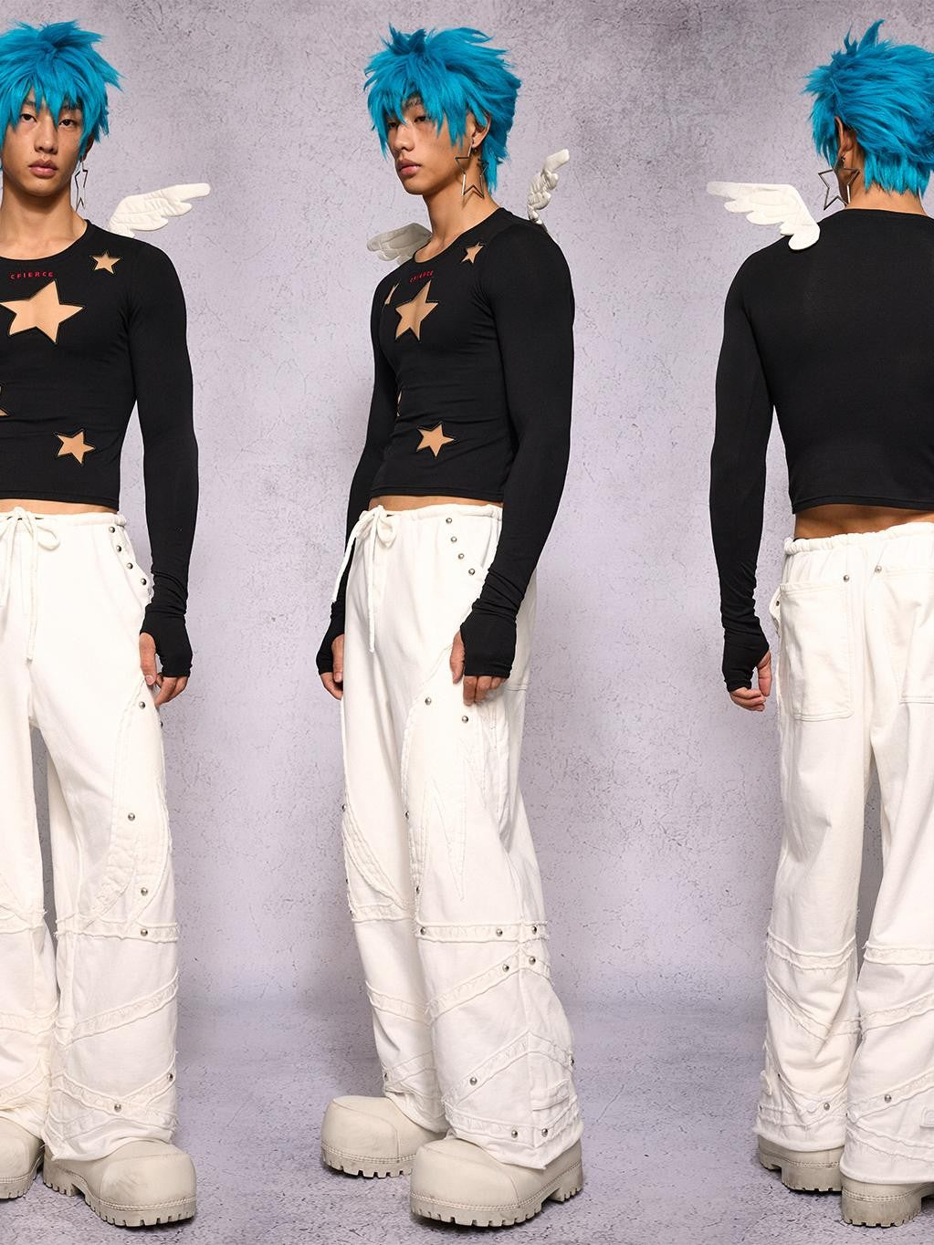 CFIERCE Star Cutout Mesh Embroidery Angel Wing Women&