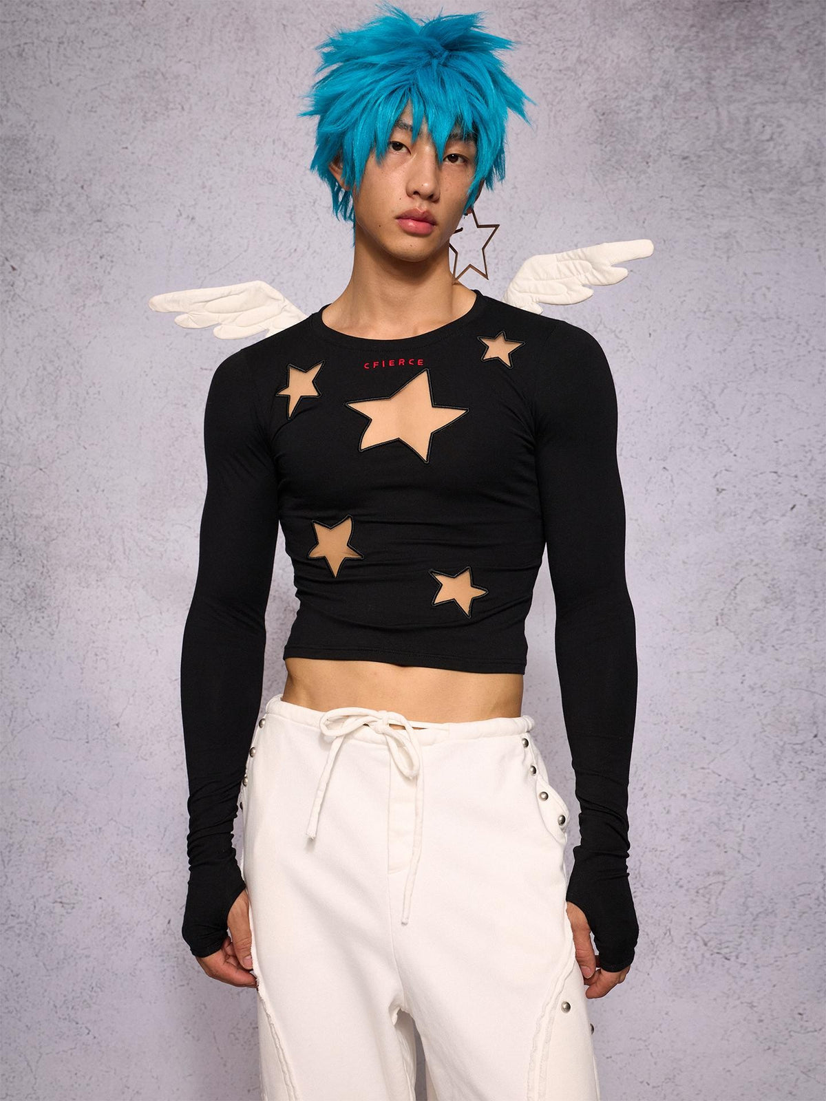 CFIERCE Star Cutout Mesh Embroidery Angel Wing Women&