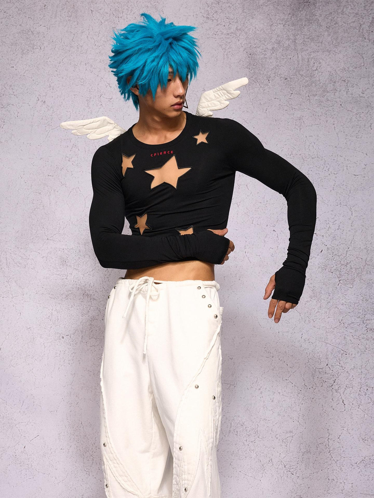 CFIERCE Star Cutout Mesh Embroidery Angel Wing Women&