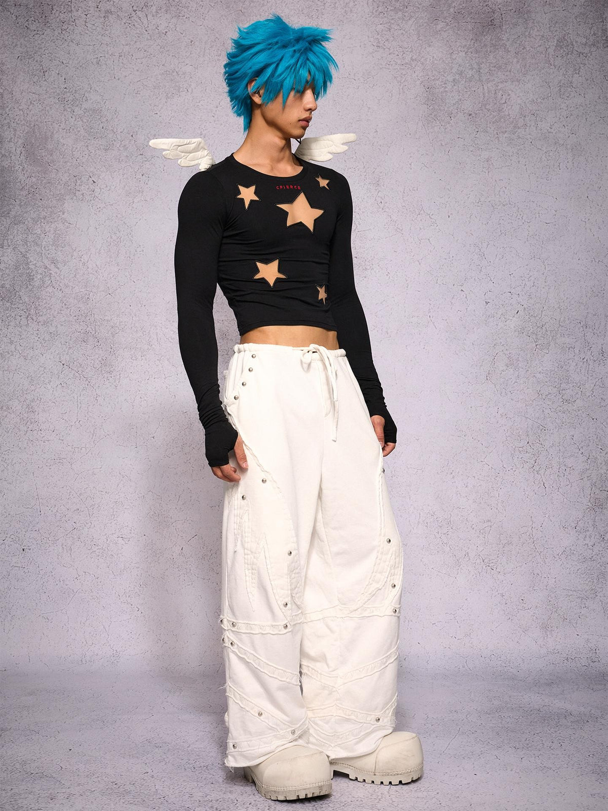 CFIERCE Star Cutout Mesh Embroidery Angel Wing Women&