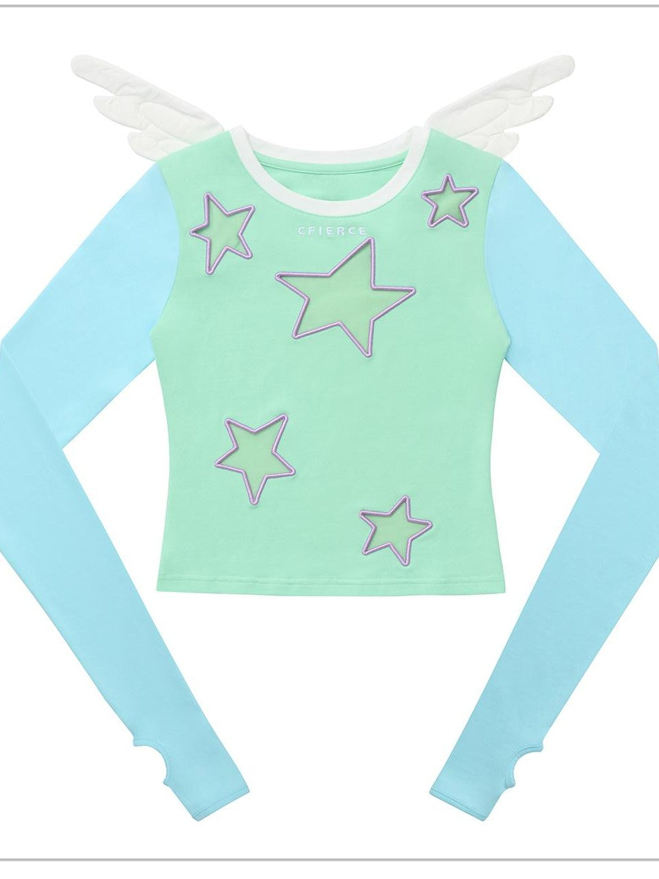 CFIERCE Star Cutout Mesh Embroidery Angel Wing Women&