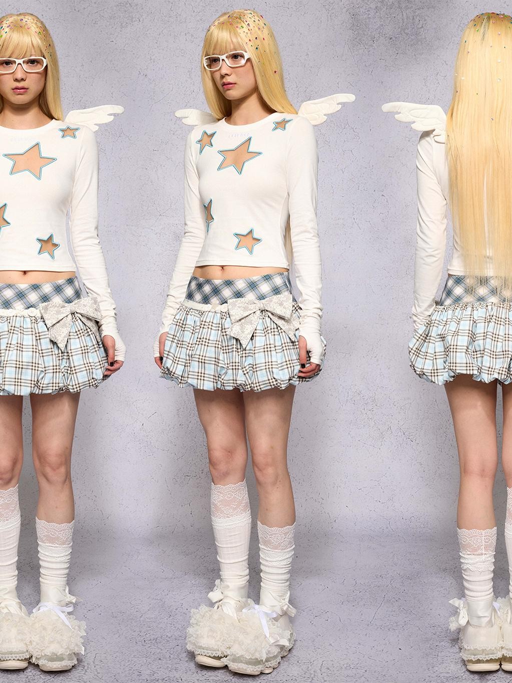 CFIERCE Star Cutout Mesh Embroidery Angel Wing Women&